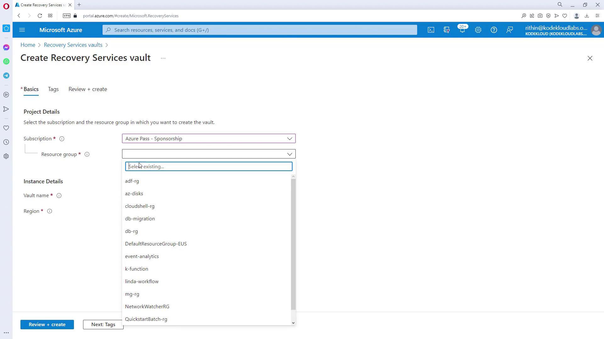The image shows a Microsoft Azure portal interface for creating a Recovery Services vault. It includes fields for selecting a subscription, resource group, vault name, and region.