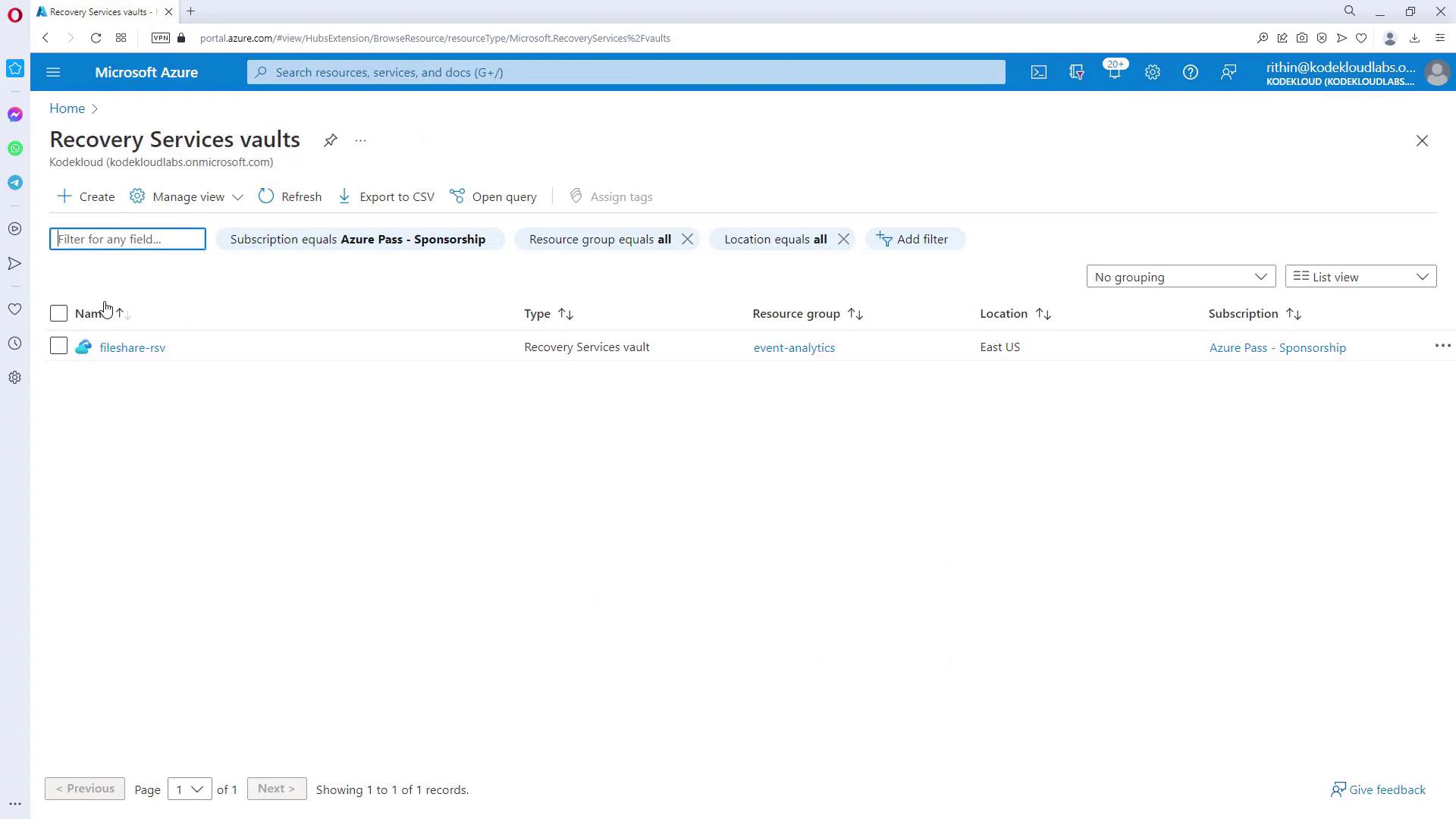 The image shows a Microsoft Azure portal page displaying a list of Recovery Services vaults, with one entry named "fileshare-rsv" located in the "event-analytics" resource group in East US.