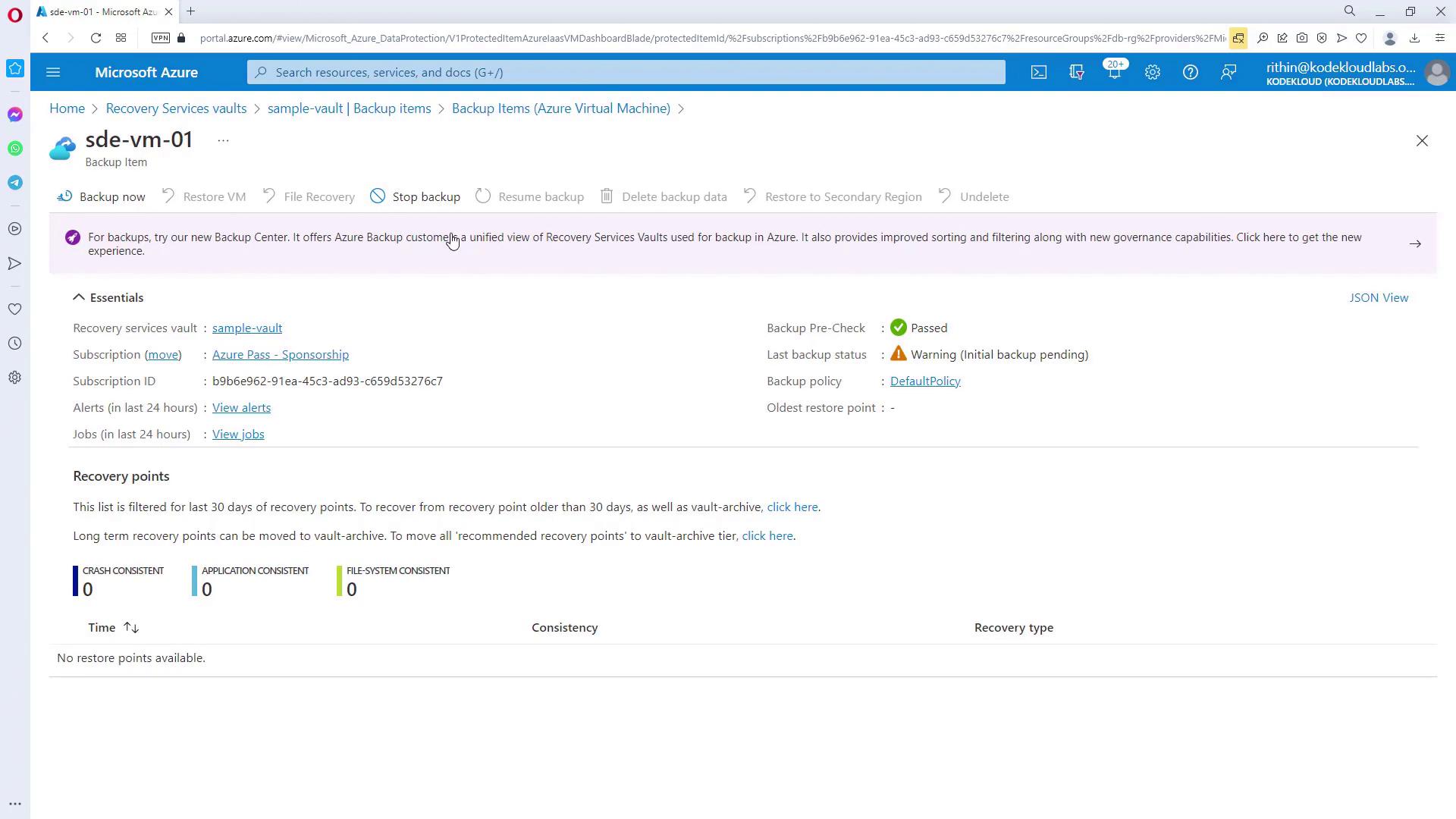 The image shows a Microsoft Azure portal page for a virtual machine backup item, displaying backup options, status, and recovery points. The backup pre-check is passed, but there is a warning for the last backup status indicating an initial backup is pending.