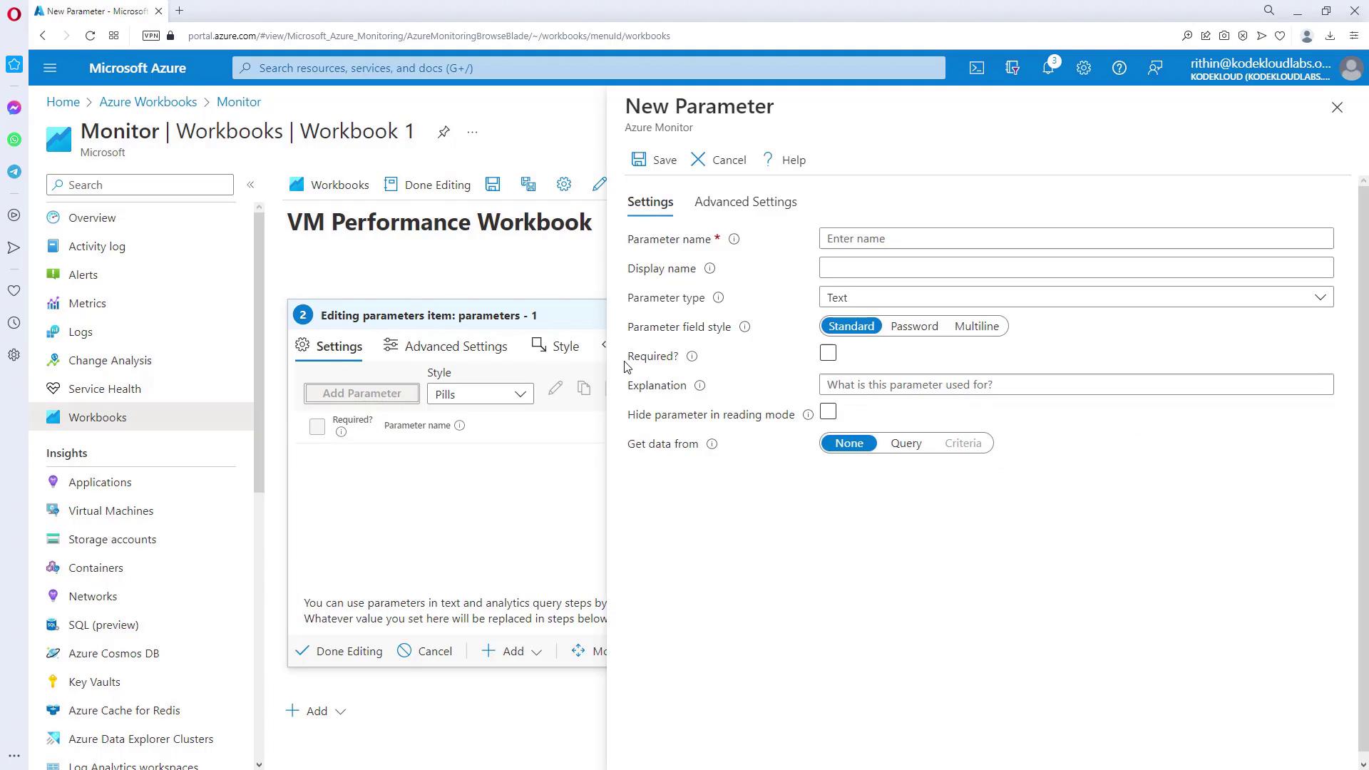The image shows a Microsoft Azure Monitor interface with a "New Parameter" window open, allowing users to configure settings for a VM Performance Workbook.