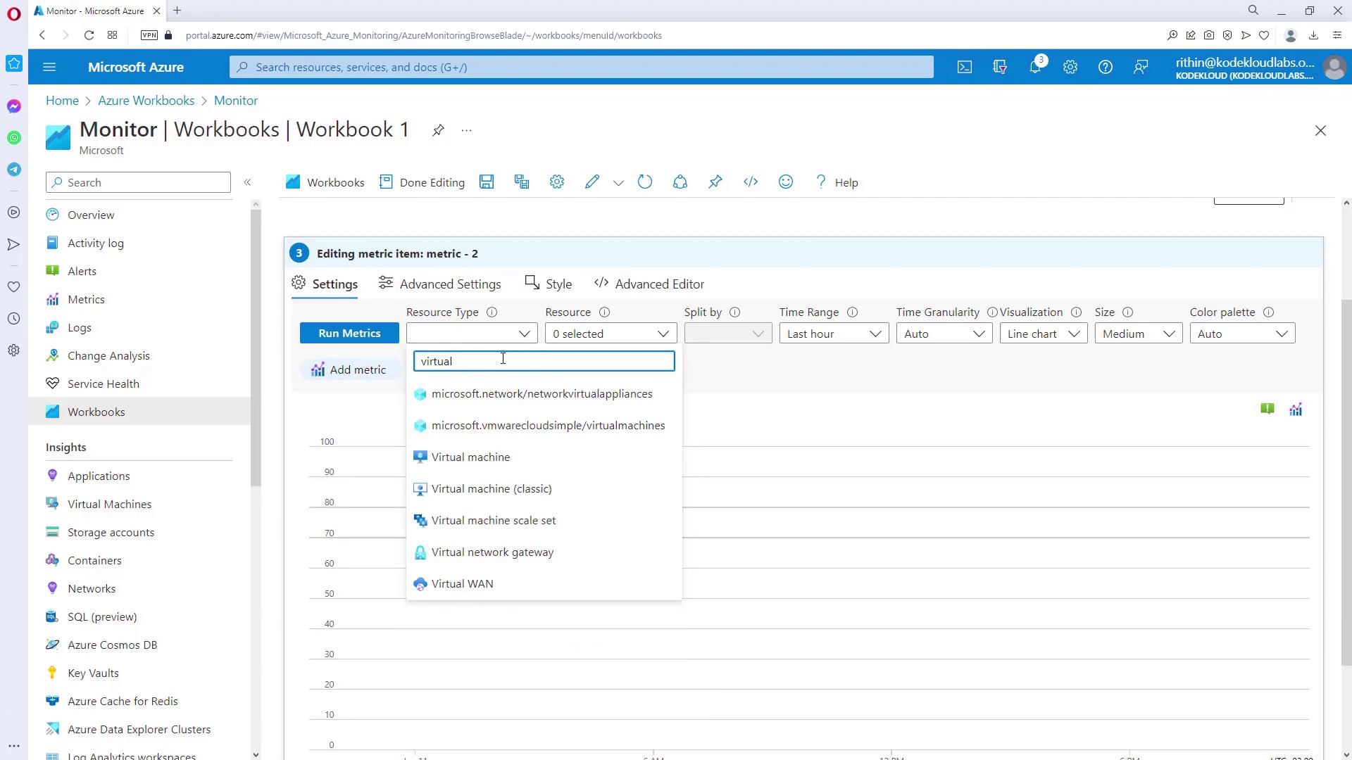 The image shows a Microsoft Azure Monitor Workbook interface, where a user is editing a metric item and selecting a resource type related to virtual machines. The interface includes options for settings, visualization, and time range.