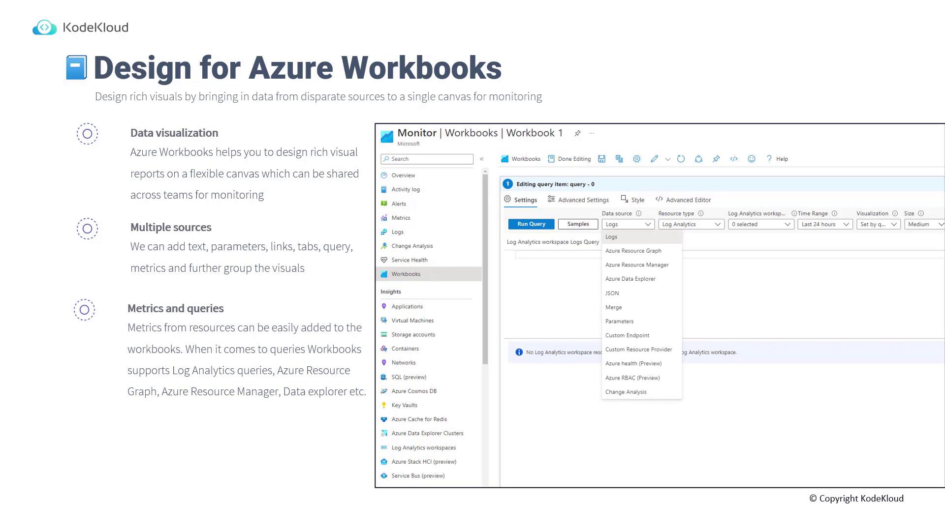 The image is a presentation slide titled "Design for Azure Workbooks" by KodeKloud, explaining features like data visualization, multiple sources, and metrics and queries, alongside a screenshot of the Azure Workbooks interface.
