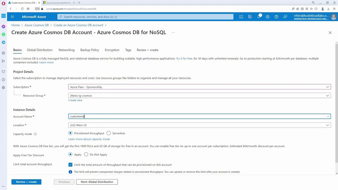 The image shows a Microsoft Azure portal page for creating an Azure Cosmos DB account, with fields for subscription, resource group, account name, location, and capacity mode.