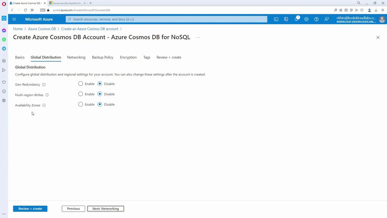 The image shows a Microsoft Azure portal page for creating an Azure Cosmos DB account, specifically focusing on the "Global Distribution" settings, with options for enabling or disabling geo-redundancy, multi-region writes, and availability zones.
