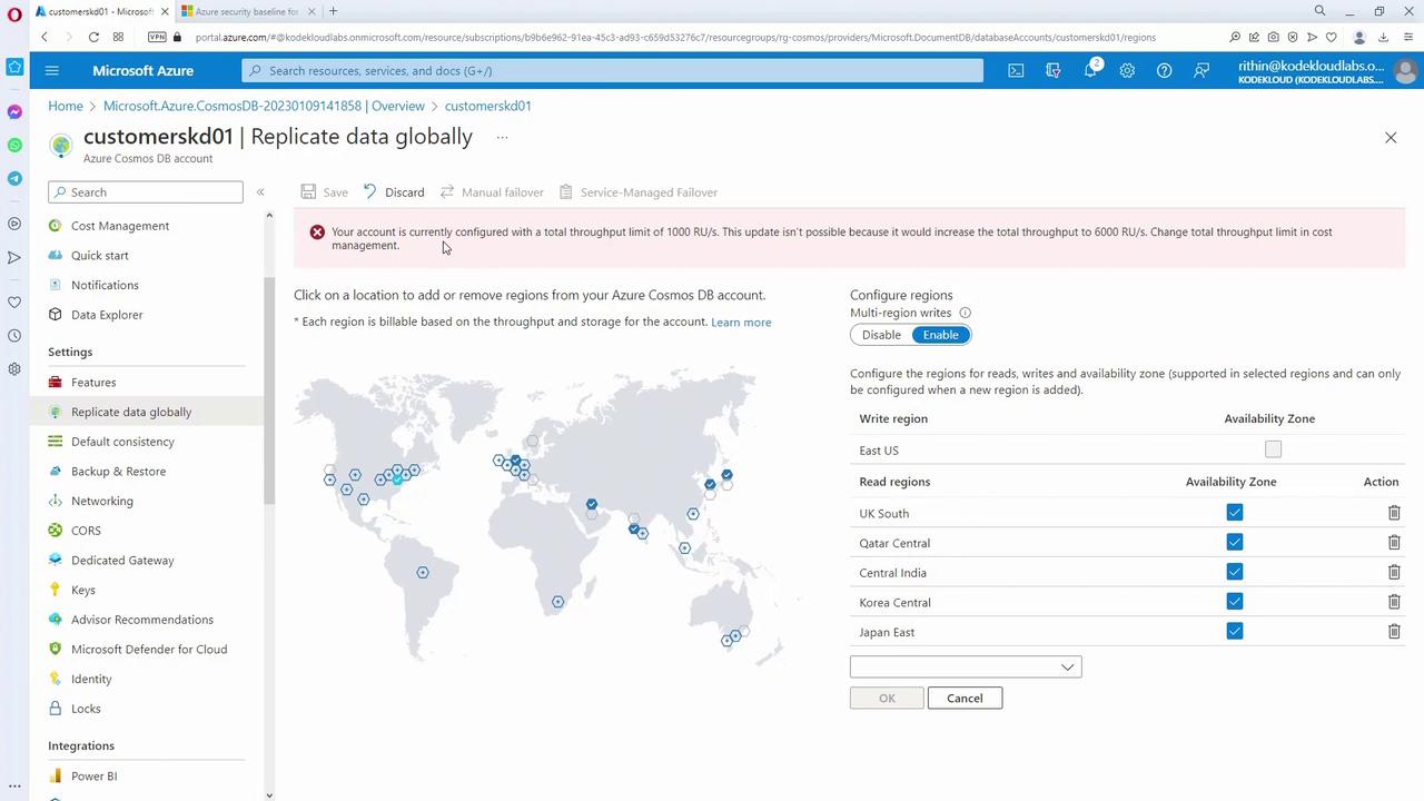 The image shows a Microsoft Azure portal interface for configuring global data replication in Azure Cosmos DB. It includes a world map with selectable regions and a warning about throughput limits.
