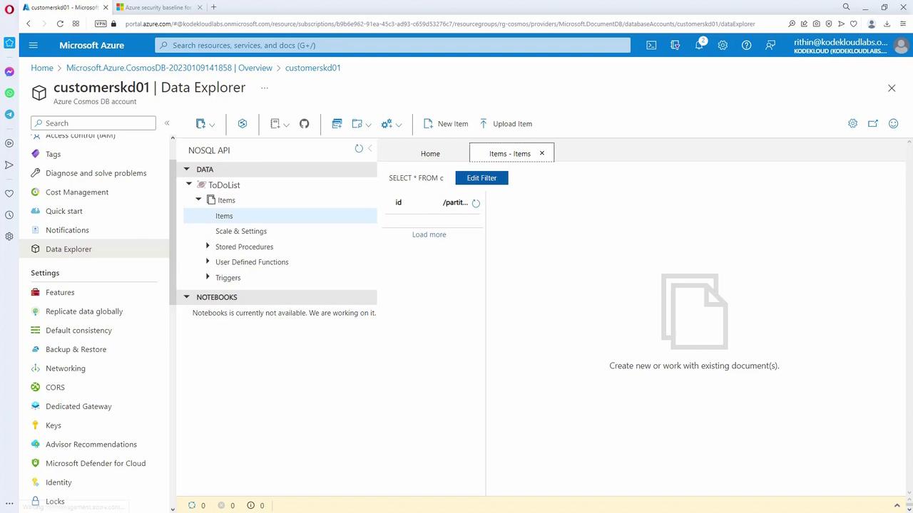 The image shows a Microsoft Azure Data Explorer interface for a Cosmos DB account, displaying a "ToDoList" database with options for items, stored procedures, and other settings. The main panel suggests creating or working with existing documents.