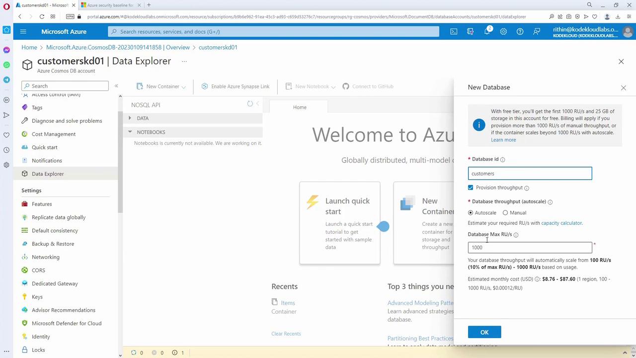 The image shows the Microsoft Azure Data Explorer interface, where a user is setting up a new database with options for database ID, throughput, and autoscale settings.