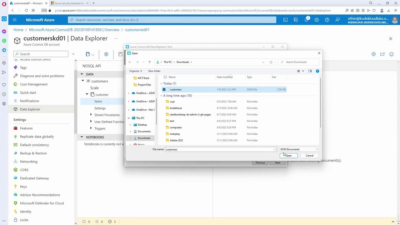 The image shows a Microsoft Azure Data Explorer interface with a file explorer window open, displaying a JSON file named "customers" ready to be selected.
