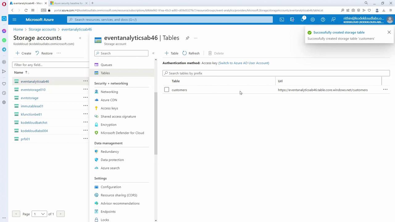 The image shows a Microsoft Azure portal interface displaying a storage account named "eventanalyticsab46" with a table named "customers" successfully created.