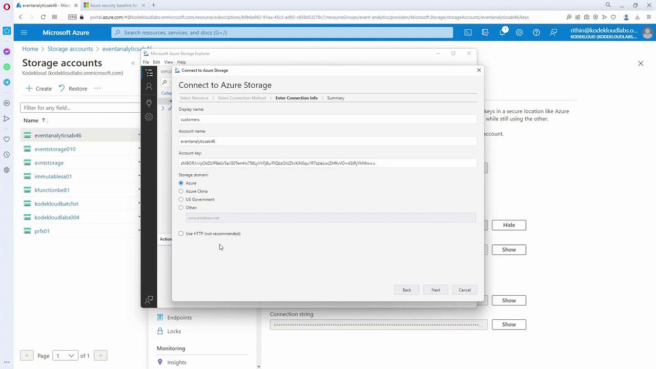 The image shows a Microsoft Azure interface with a pop-up window for connecting to Azure Storage. It includes fields for display name, account name, account key, and storage domain options.