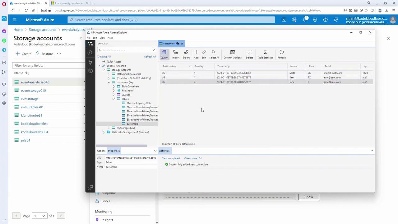 The image shows a Microsoft Azure Storage Explorer interface displaying a table named "customers" with data entries, alongside a list of storage accounts on the left.