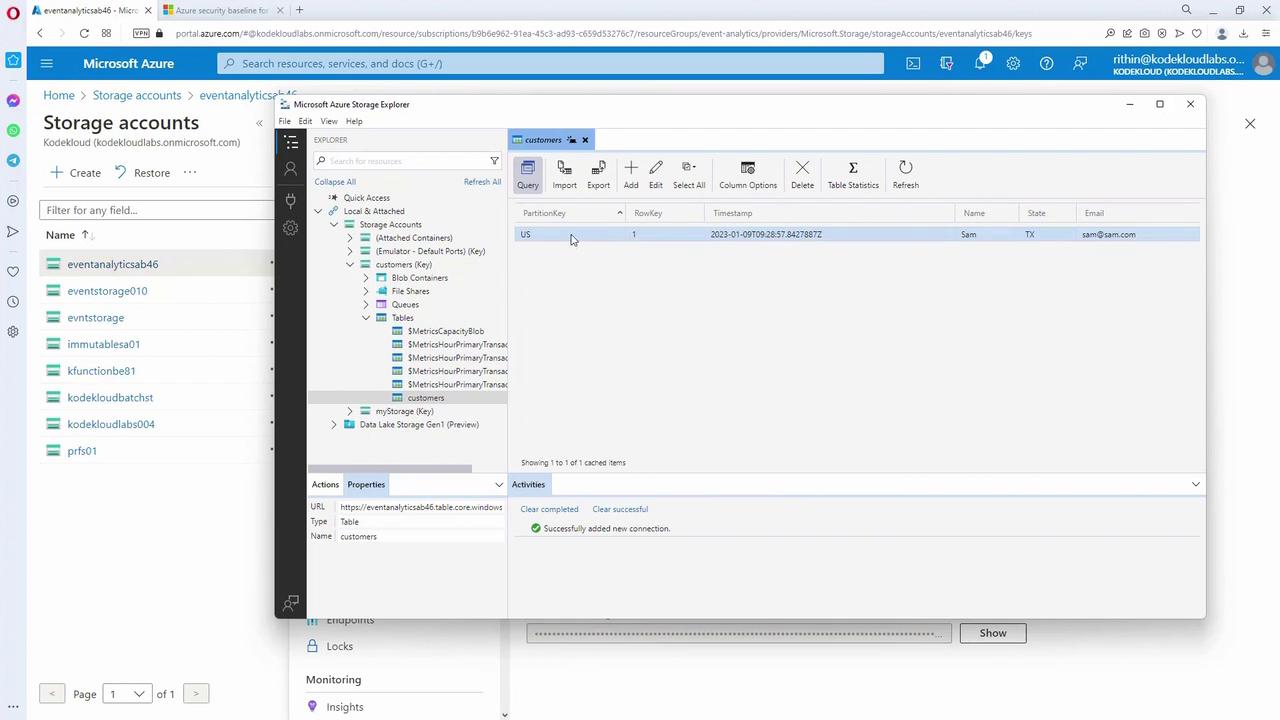 The image shows a Microsoft Azure Storage Explorer interface displaying a table named "customers" with a single entry, alongside a list of storage accounts on the left.