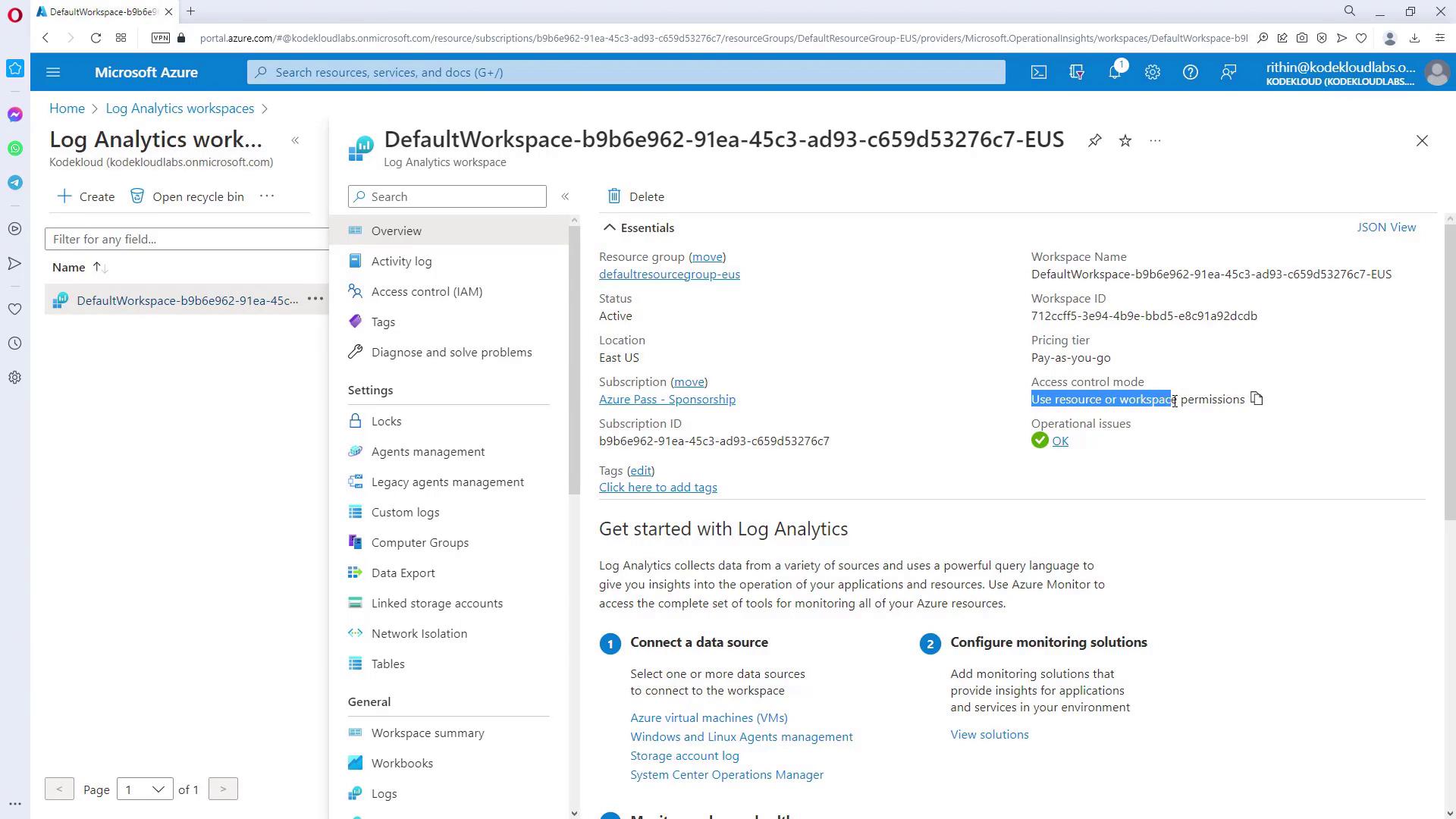 The image shows a Microsoft Azure portal interface displaying details of a Log Analytics workspace, including its name, ID, status, location, and subscription information. The sidebar on the left lists various settings and options related to the workspace.