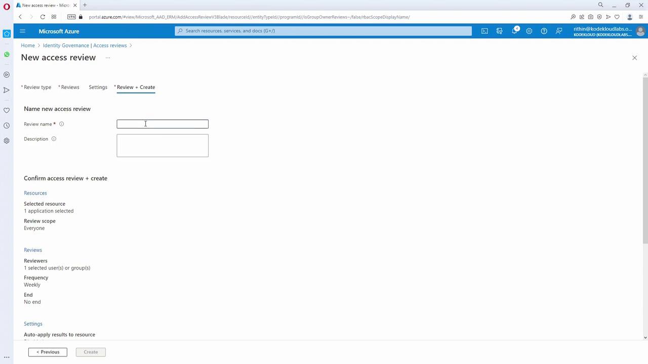 The image shows a Microsoft Azure portal page for creating a new access review, with fields for entering a review name and description. It includes sections for confirming access review details, such as resources, review scope, reviewers, frequency, and settings.