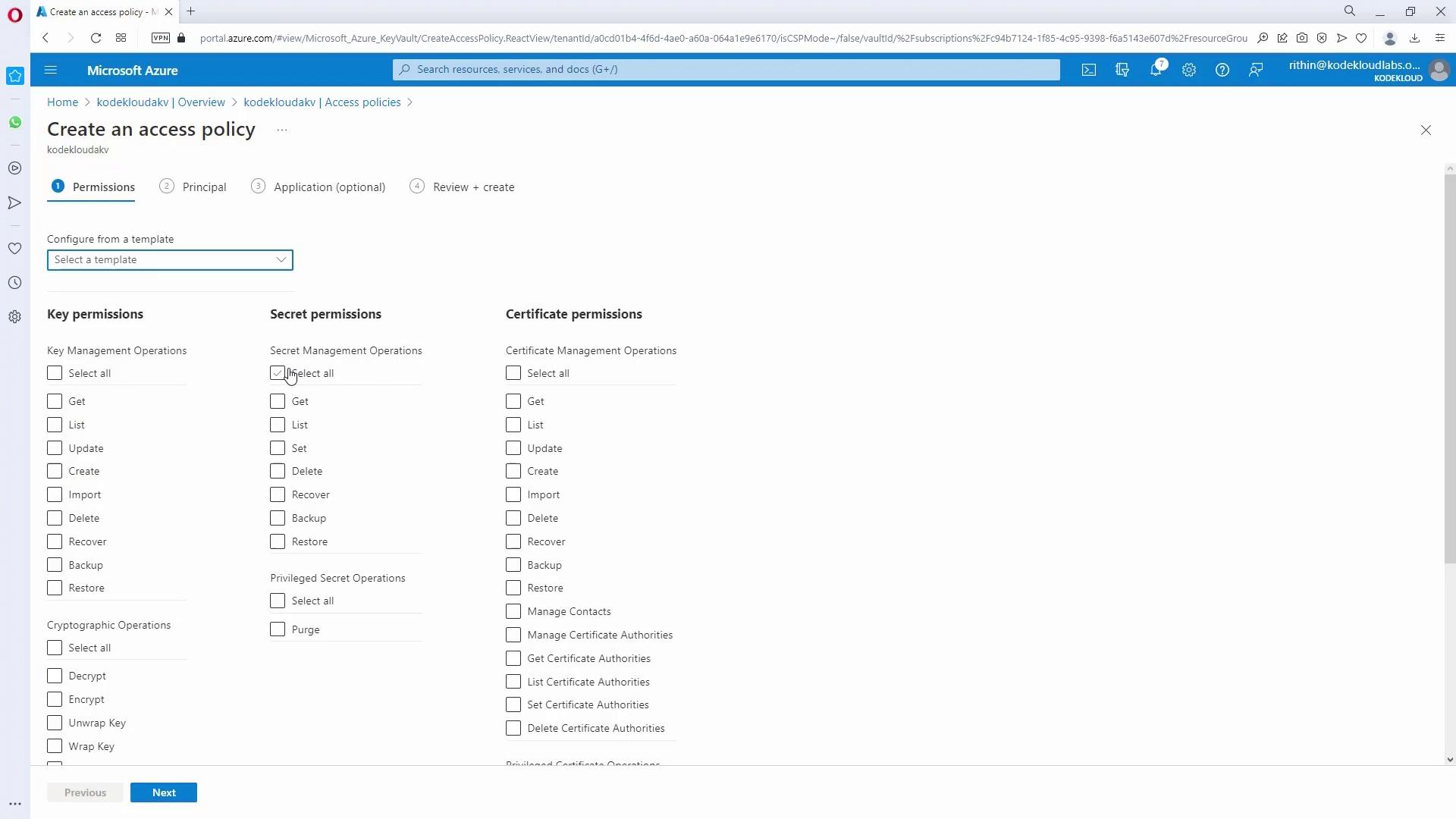 The image shows a Microsoft Azure interface for creating an access policy, with options to configure key, secret, and certificate permissions. Various checkboxes are available for selecting specific management operations.