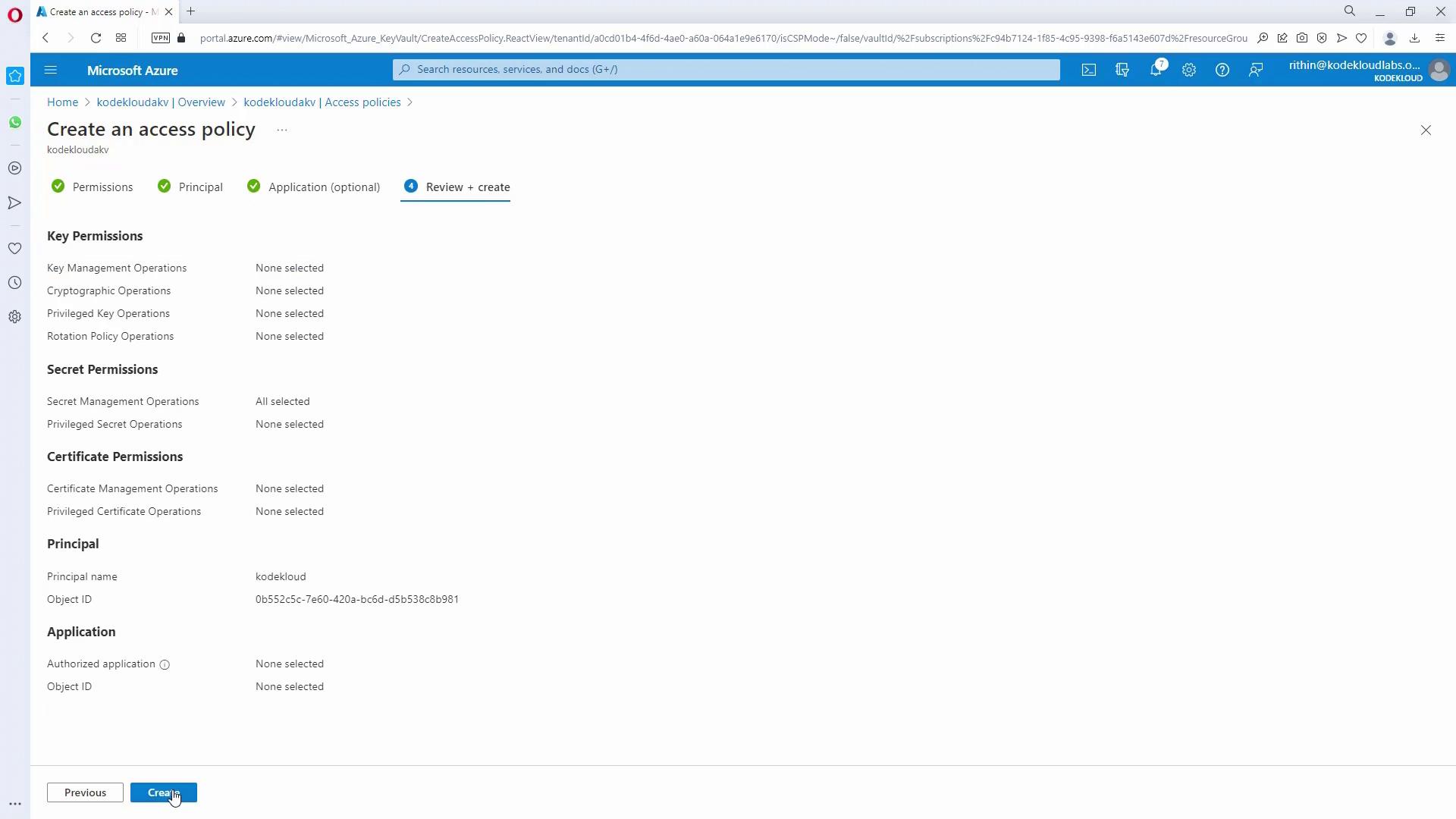 The image shows the Microsoft Azure interface for creating an access policy, with various permissions and settings listed, and a "Create" button highlighted.