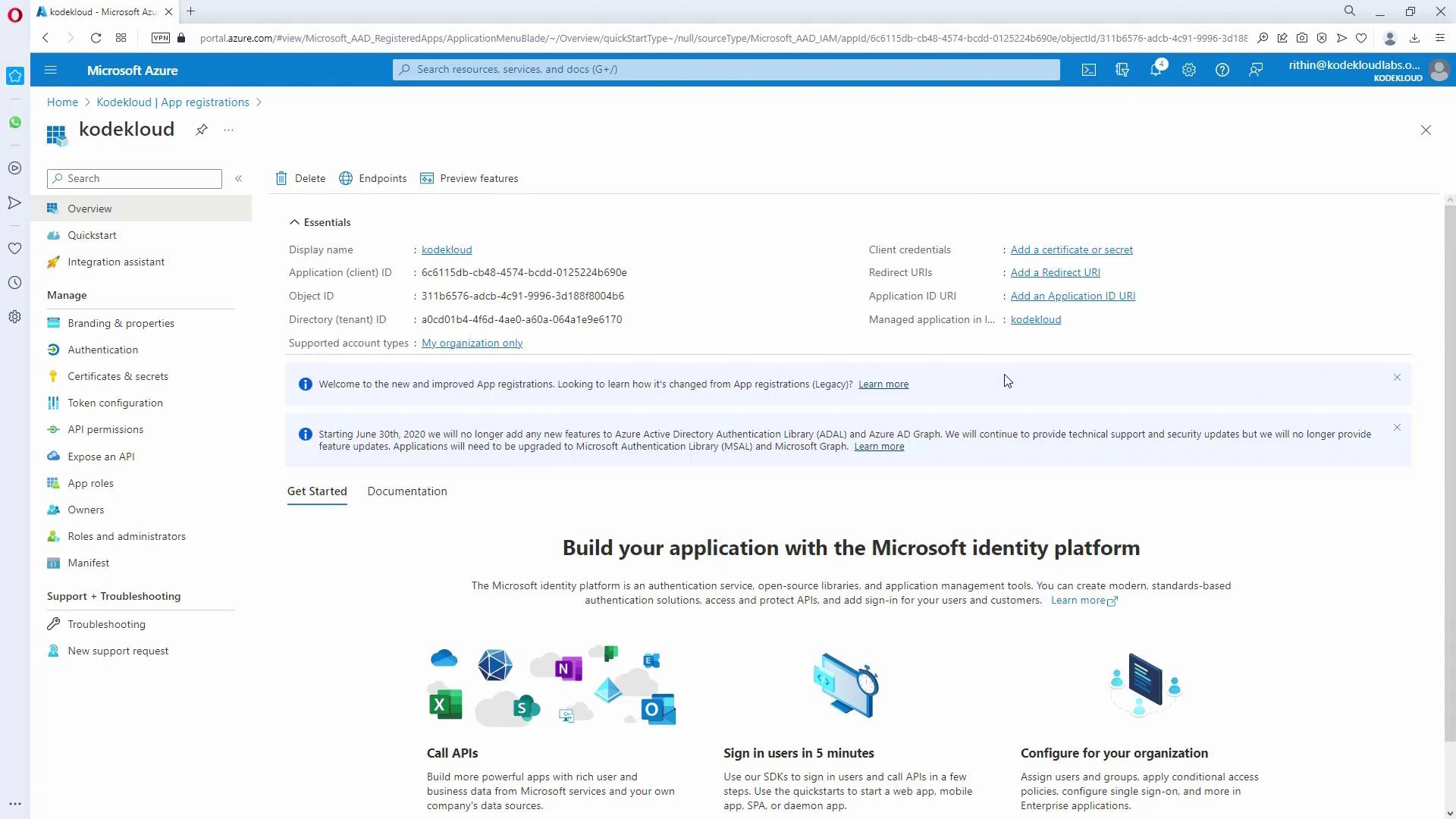 The image shows a Microsoft Azure portal page for app registrations, specifically for an application named "kodekloud." It includes details like application IDs, tenant IDs, and options for managing authentication and API permissions.