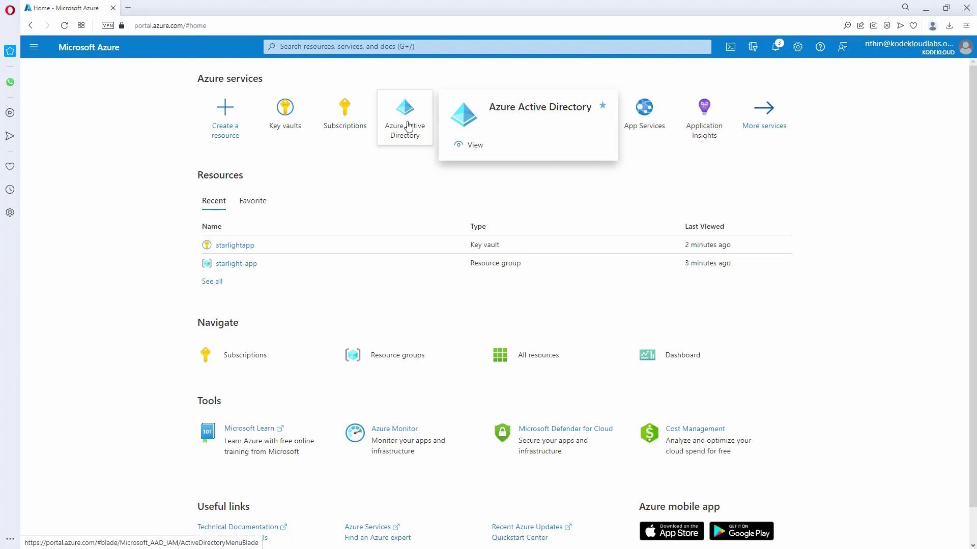 The image shows the Microsoft Azure portal homepage, displaying various Azure services, resources, and navigation options. A cursor hovers over the "Azure Active Directory" service.