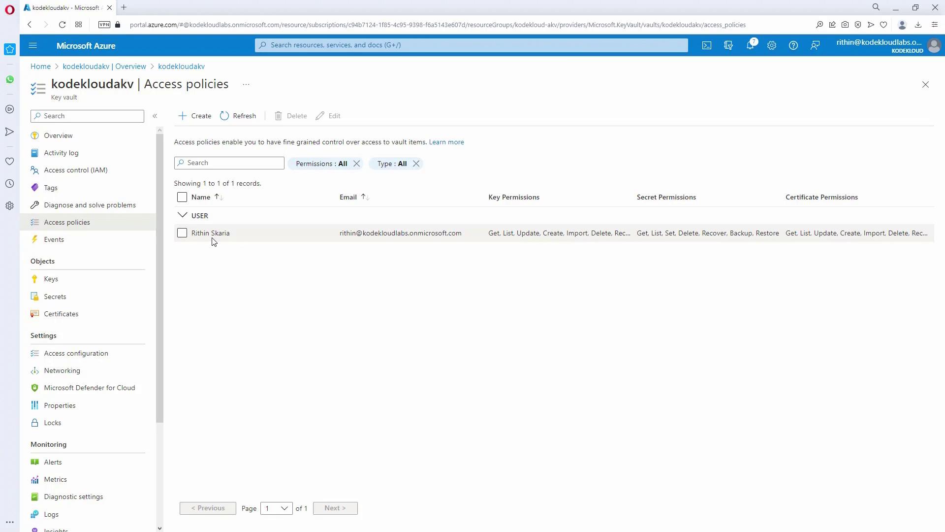 The image shows the Microsoft Azure portal displaying access policies for a key vault named "kodekloudakv." It lists a user with specific key, secret, and certificate permissions.