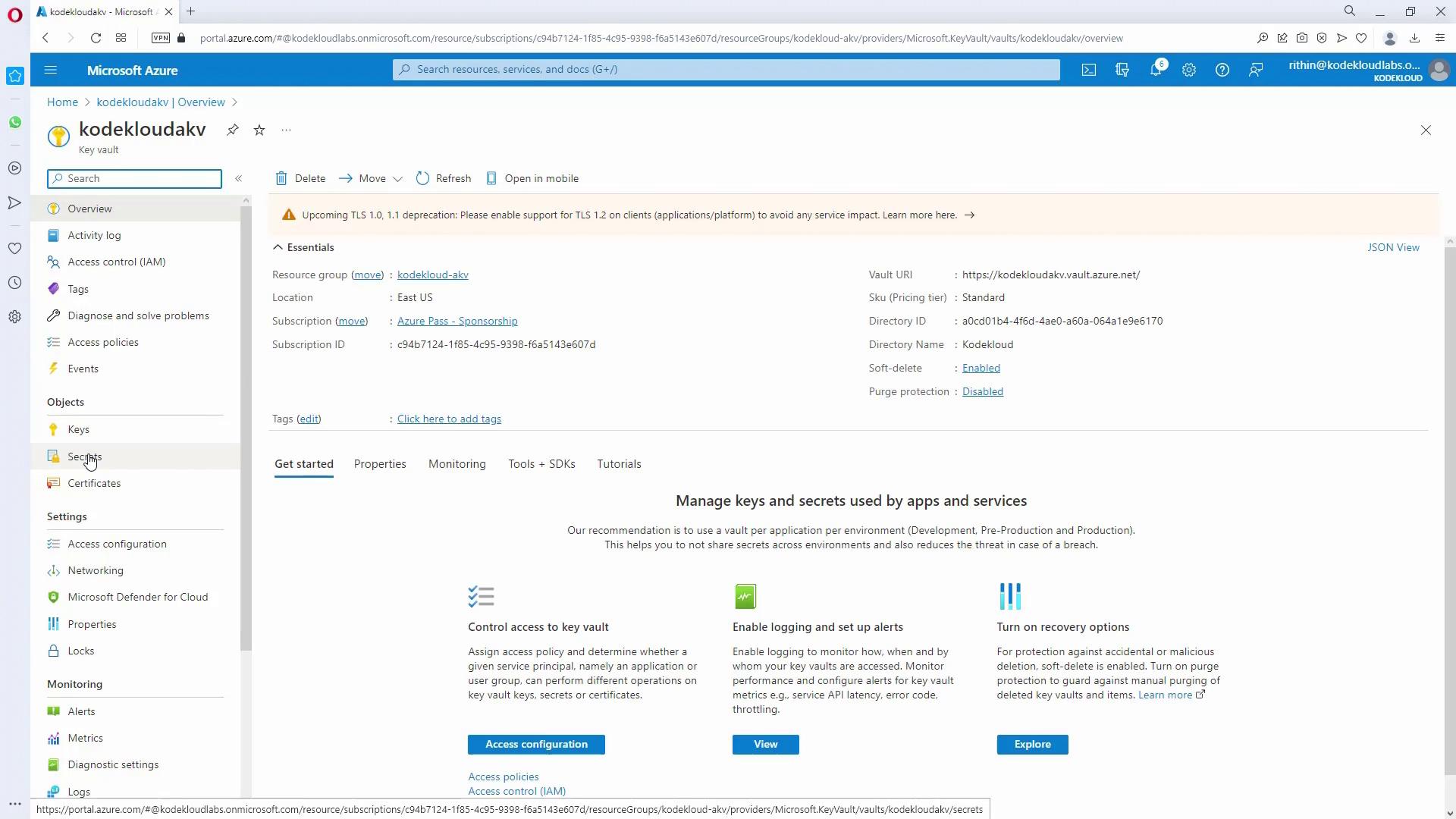 The image shows a Microsoft Azure portal interface for managing a key vault named "kodekloudakv," displaying options for managing keys, secrets, and certificates, along with access configuration and monitoring tools.