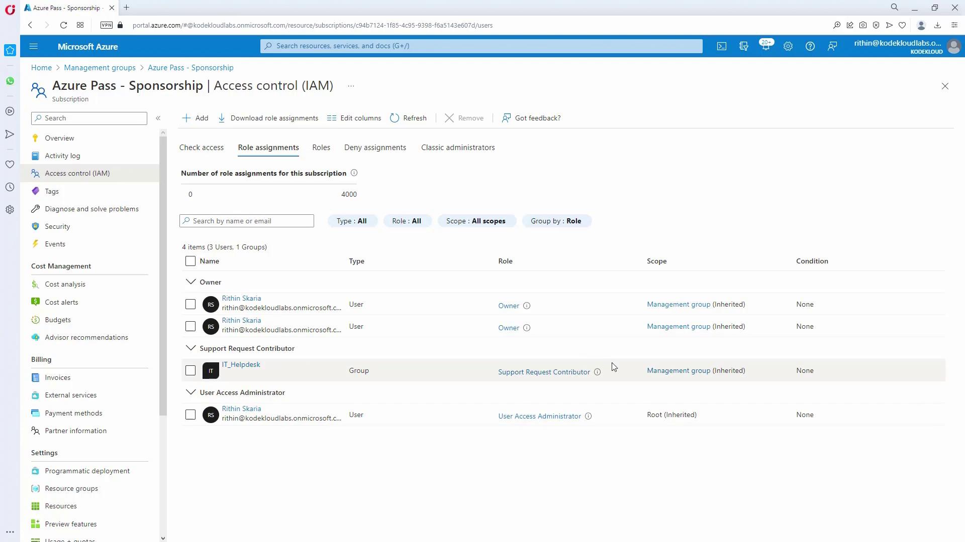 The image shows the "Access control (IAM)" section of the Azure portal for a subscription named "Azure Pass - Sponsorship," displaying role assignments for users and groups.