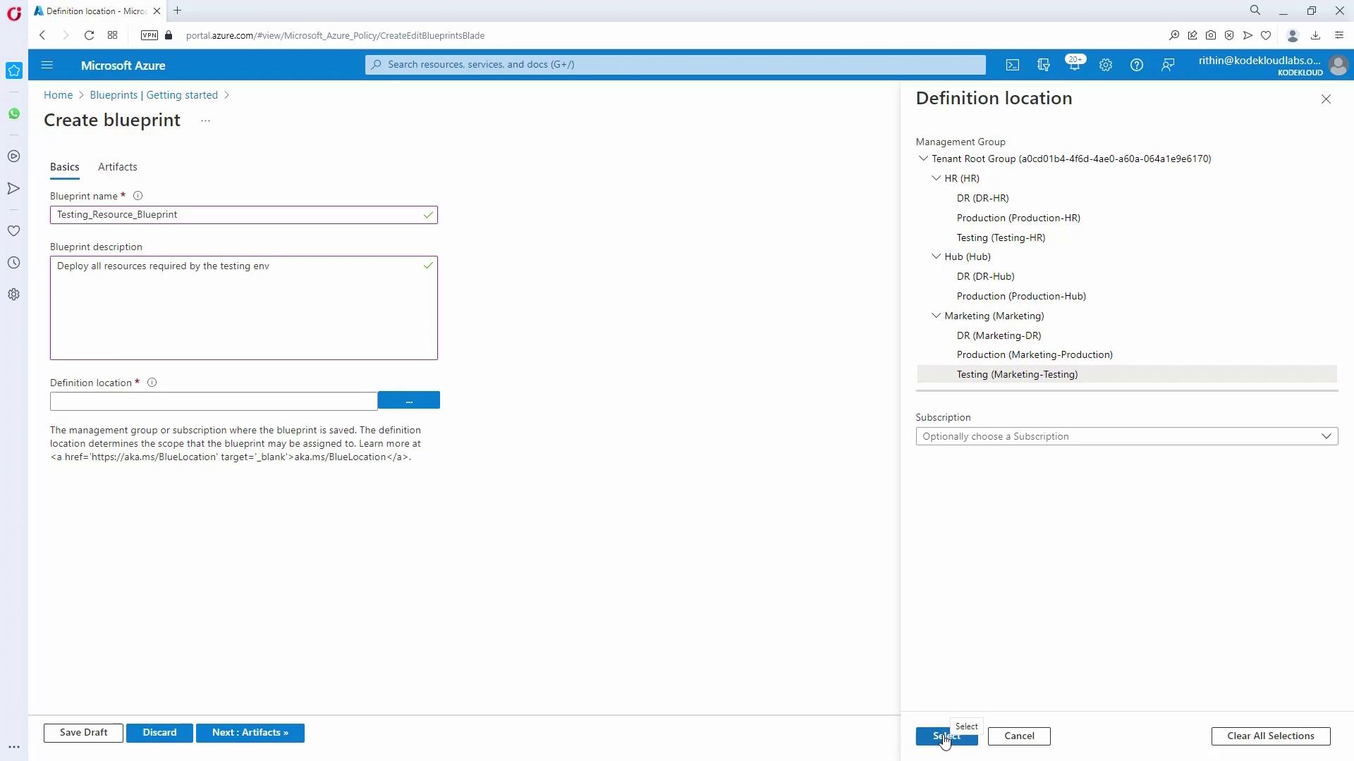 The image shows a Microsoft Azure interface for creating a blueprint, with fields for entering a blueprint name, description, and definition location. The right panel displays a selection of management groups and subscriptions.