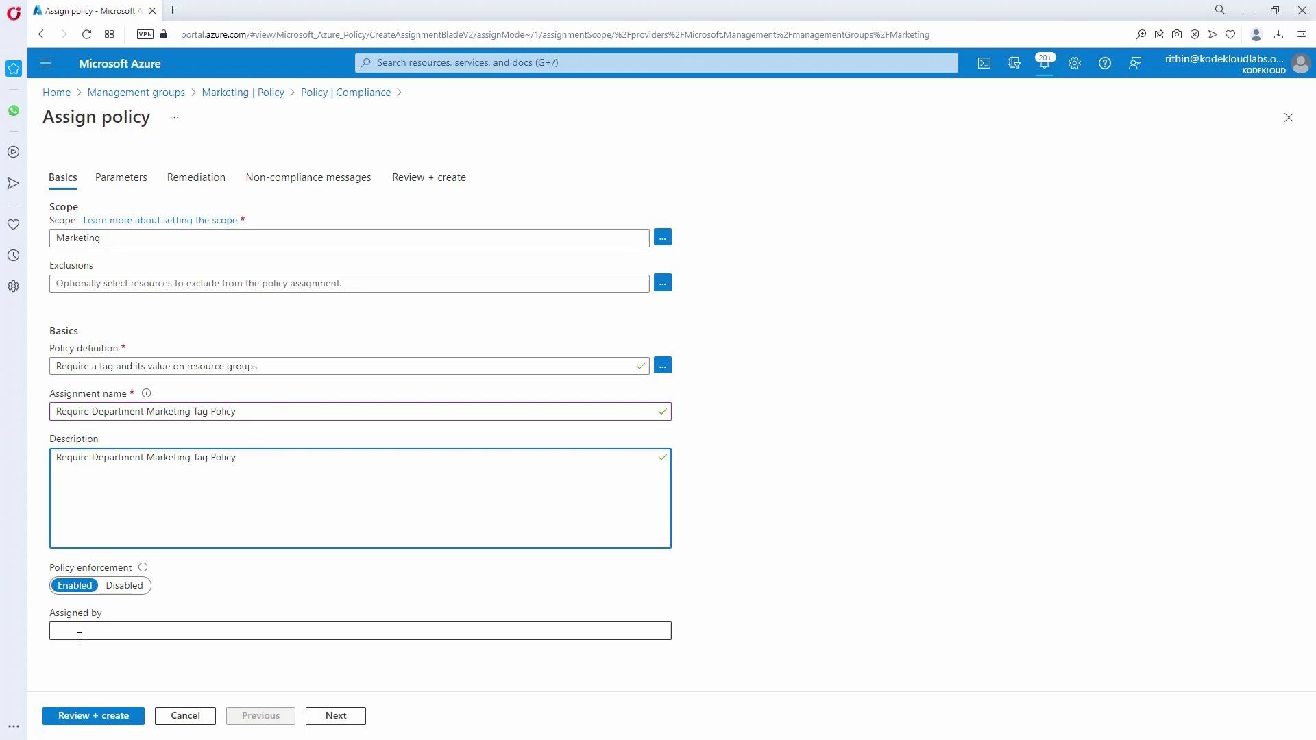 The image shows a Microsoft Azure interface for assigning a policy, with fields for scope, exclusions, policy definition, assignment name, description, and policy enforcement options.