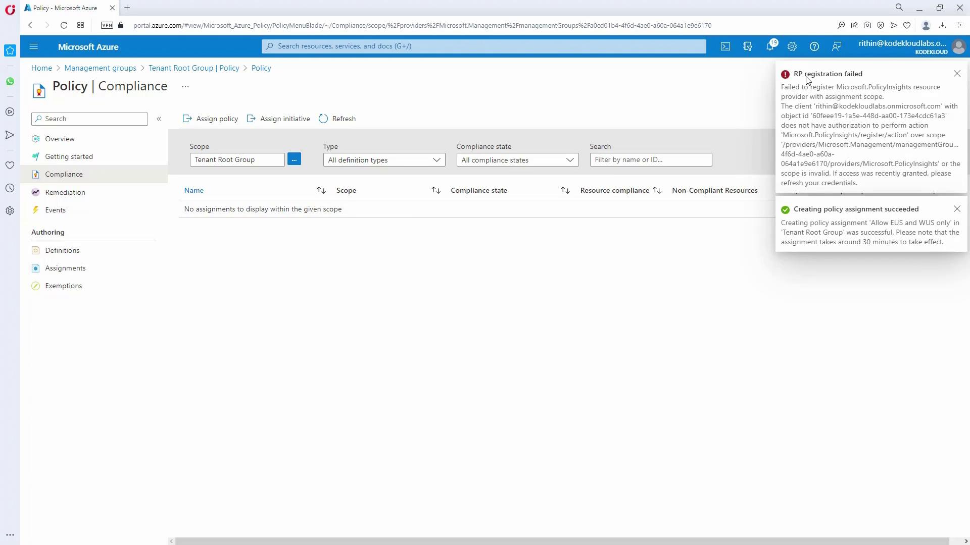 The image shows a Microsoft Azure Policy Compliance dashboard with no assignments displayed. There are notifications about a failed RP registration and a successful policy assignment.