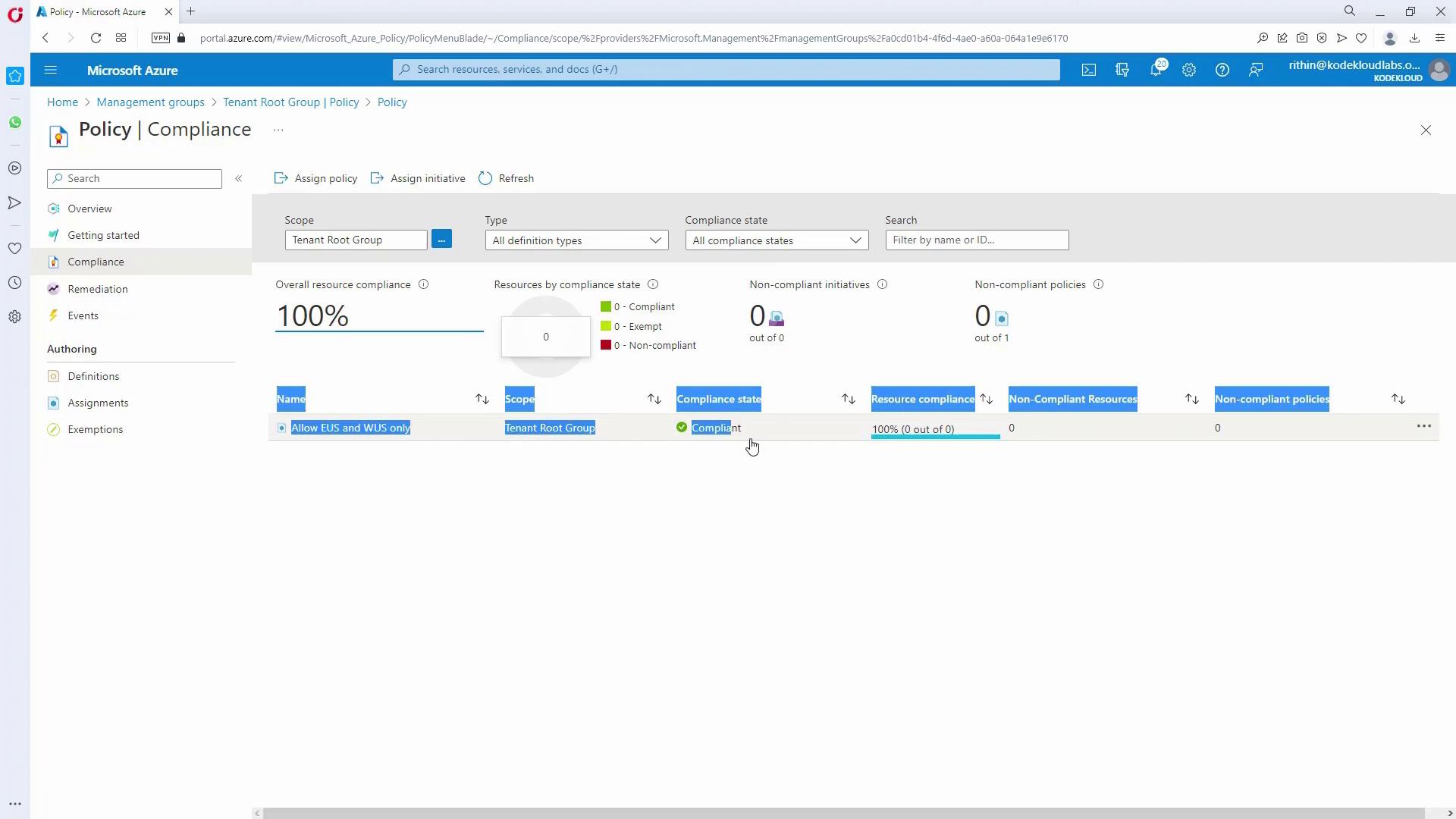 The image shows a Microsoft Azure Policy Compliance dashboard indicating 100% compliance for the "Tenant Root Group" with no non-compliant resources or policies.