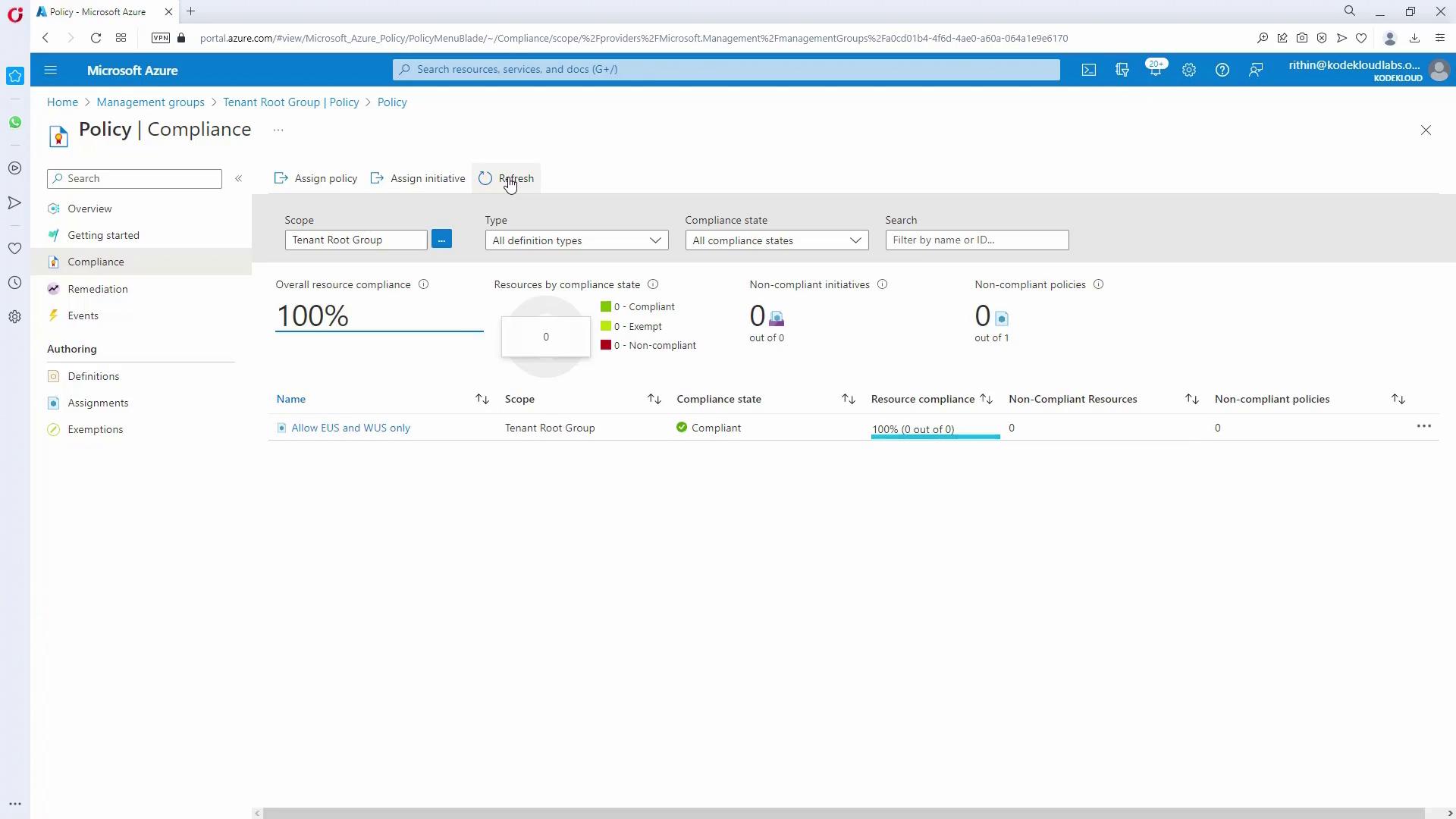 The image shows a Microsoft Azure Policy Compliance dashboard with 100% overall resource compliance for the Tenant Root Group. It indicates no non-compliant resources or policies.