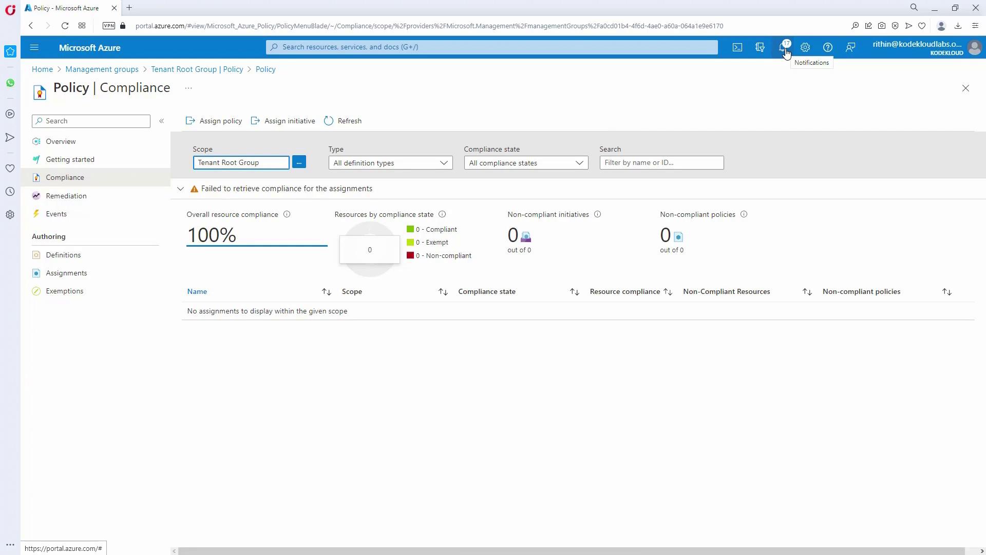 The image shows a Microsoft Azure Policy Compliance dashboard with 100% overall resource compliance and no assignments displayed within the given scope.