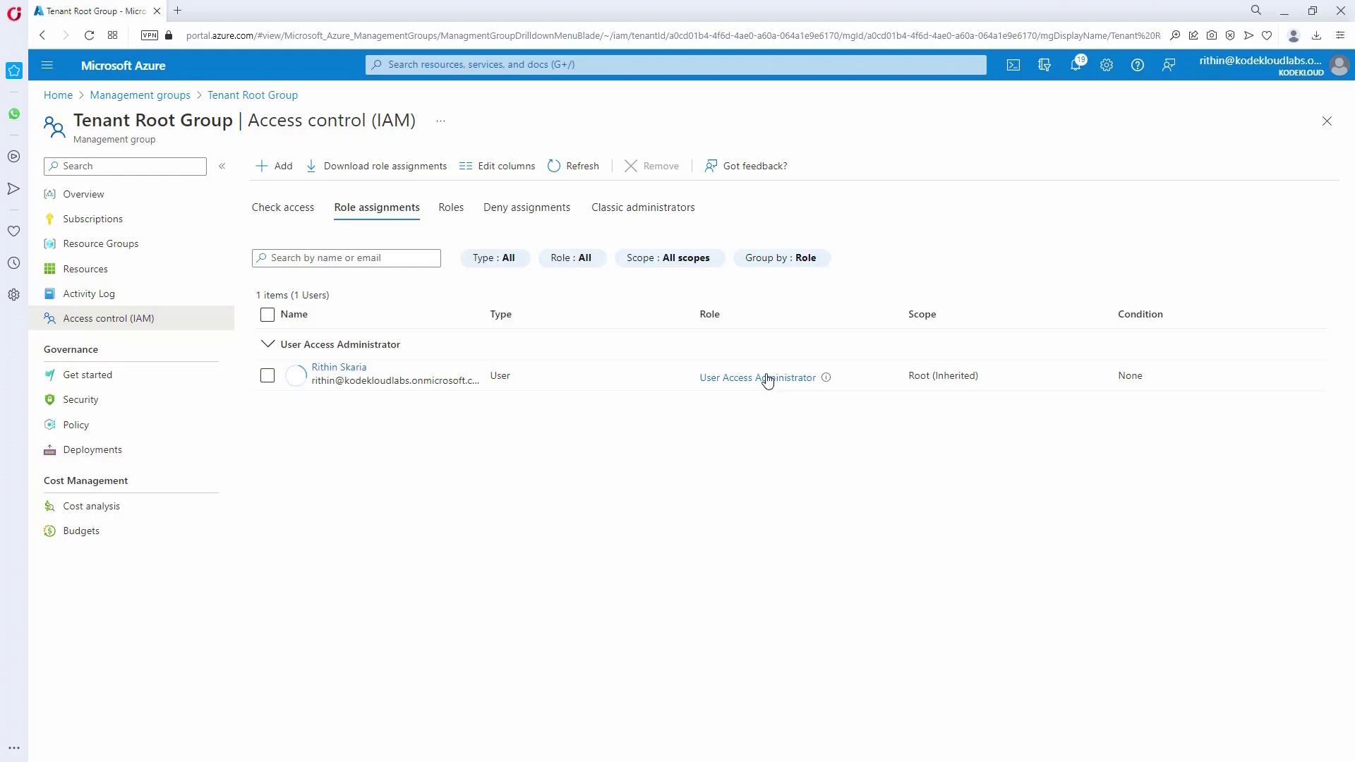 The image shows the Microsoft Azure portal, specifically the "Access control (IAM)" section for a "Tenant Root Group," displaying role assignments with one user listed as a "User Access Administrator."