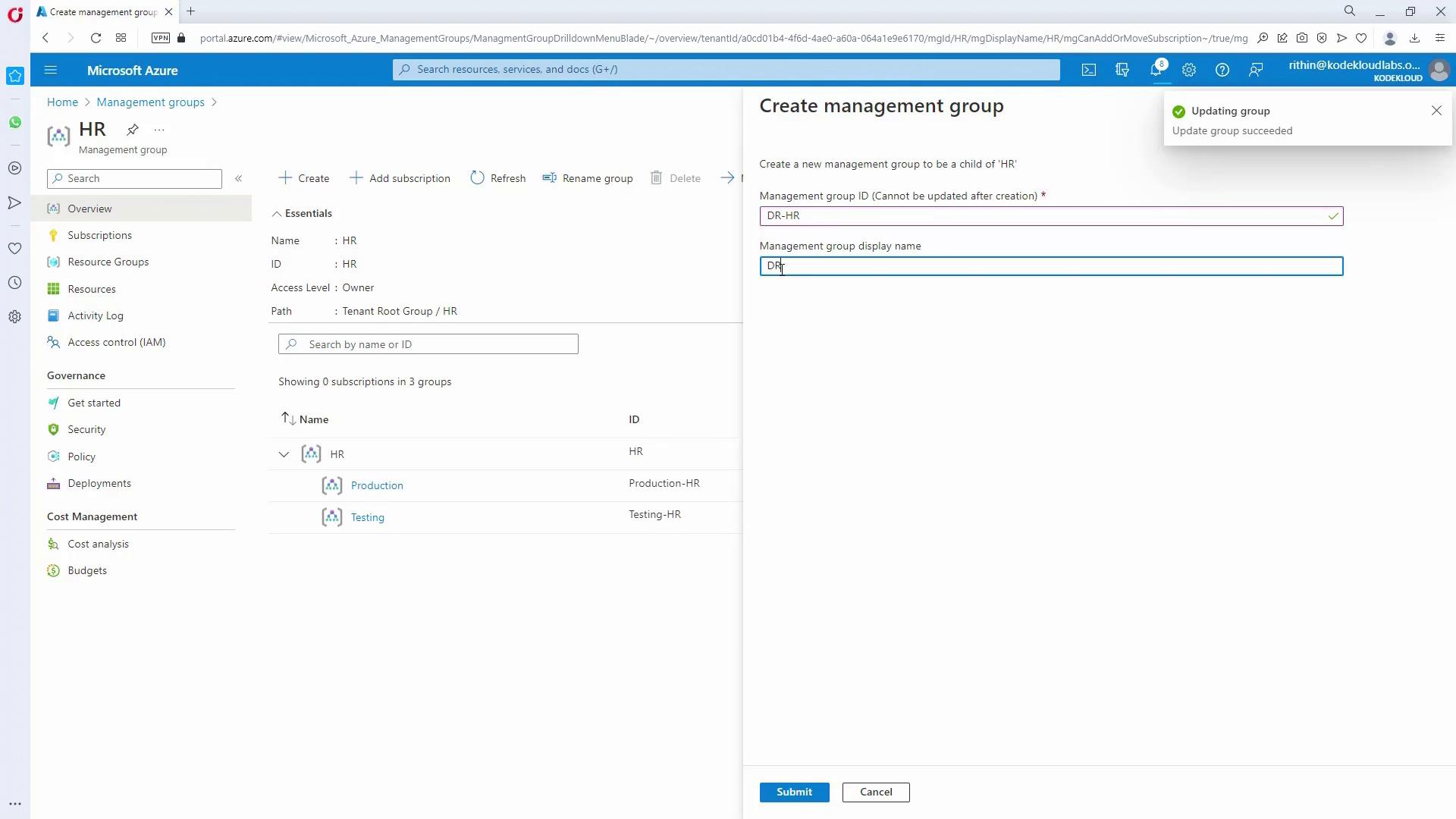 The image shows a Microsoft Azure portal interface where a user is creating a new management group under the "HR" management group. The right panel displays fields for entering the management group ID and display name.