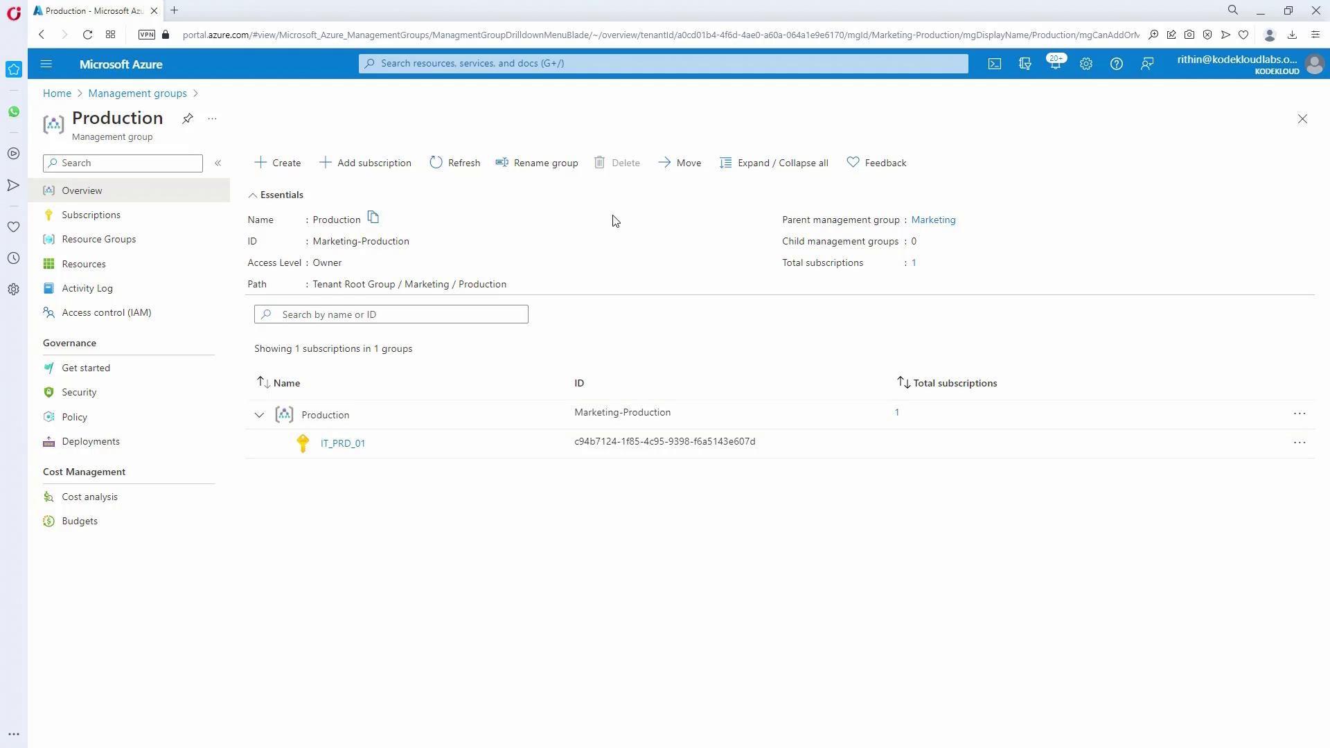 The image shows a Microsoft Azure portal interface displaying details of a management group named "Production," including its ID, access level, and associated subscriptions.