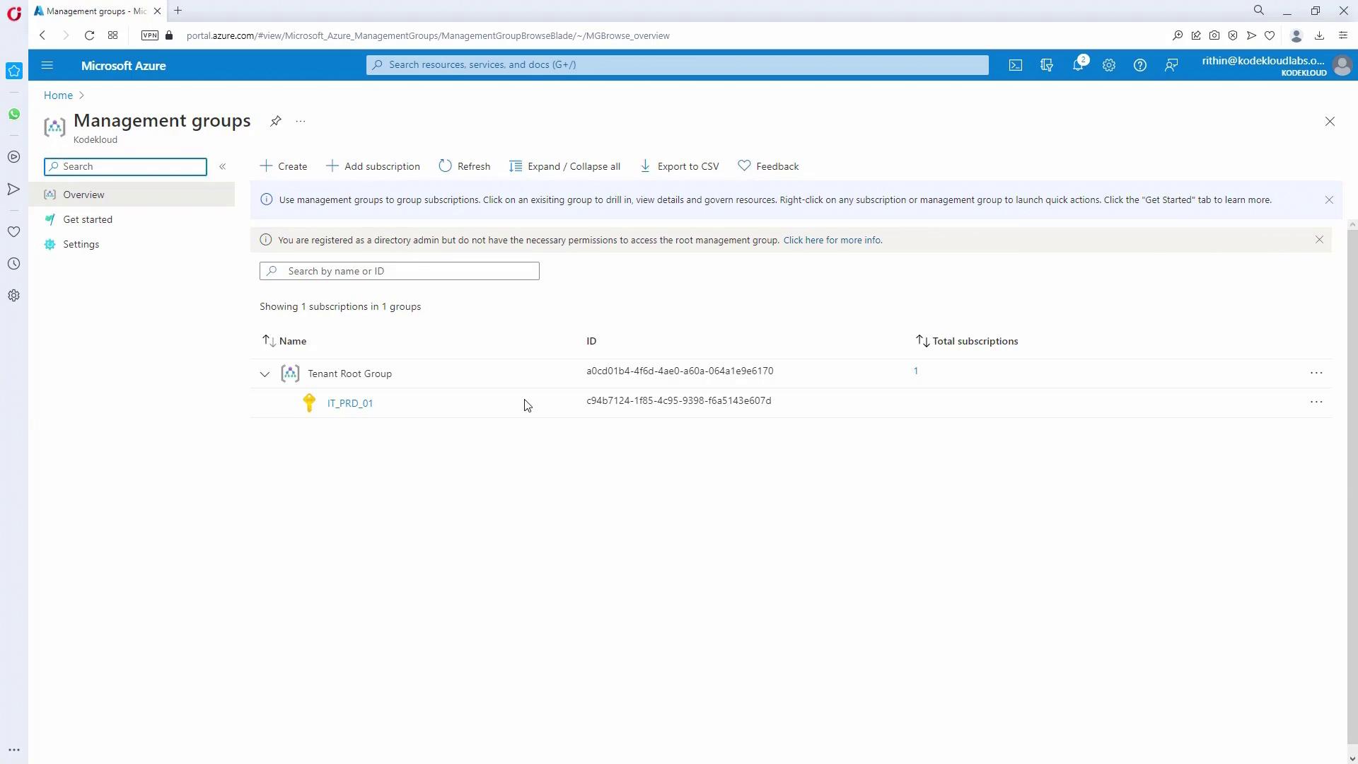 The image shows the Microsoft Azure portal's "Management groups" section, displaying a list of subscriptions within a tenant root group.