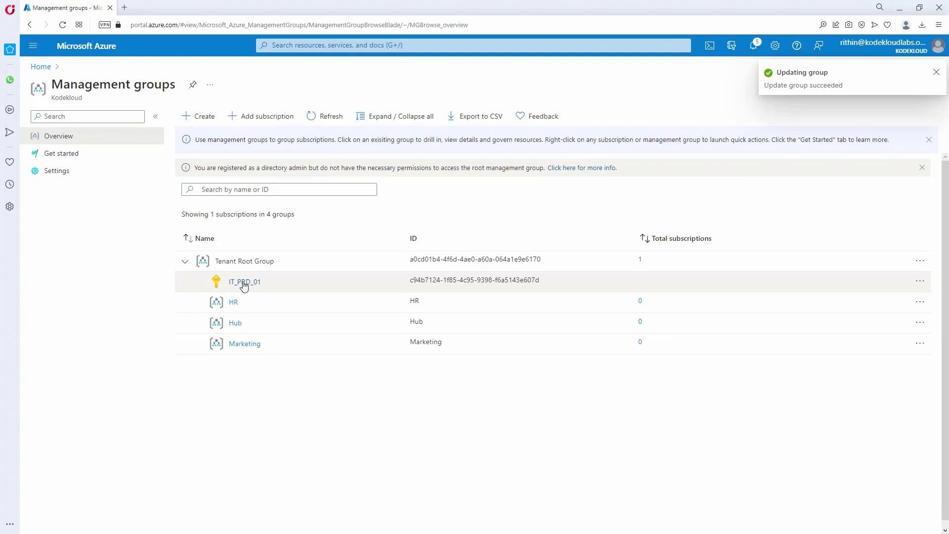 The image shows a Microsoft Azure portal interface displaying management groups, including "Tenant Root Group" and its subgroups like "IT_PRD_01," "HR," "Hub," and "Marketing."