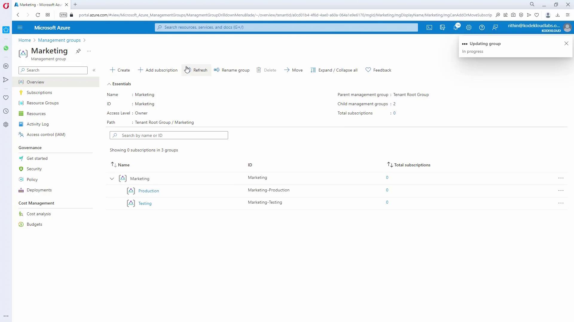 The image shows a Microsoft Azure portal interface displaying a management group named "Marketing" with details about its subscriptions and child management groups. The interface includes options for creating, adding subscriptions, and managing groups.
