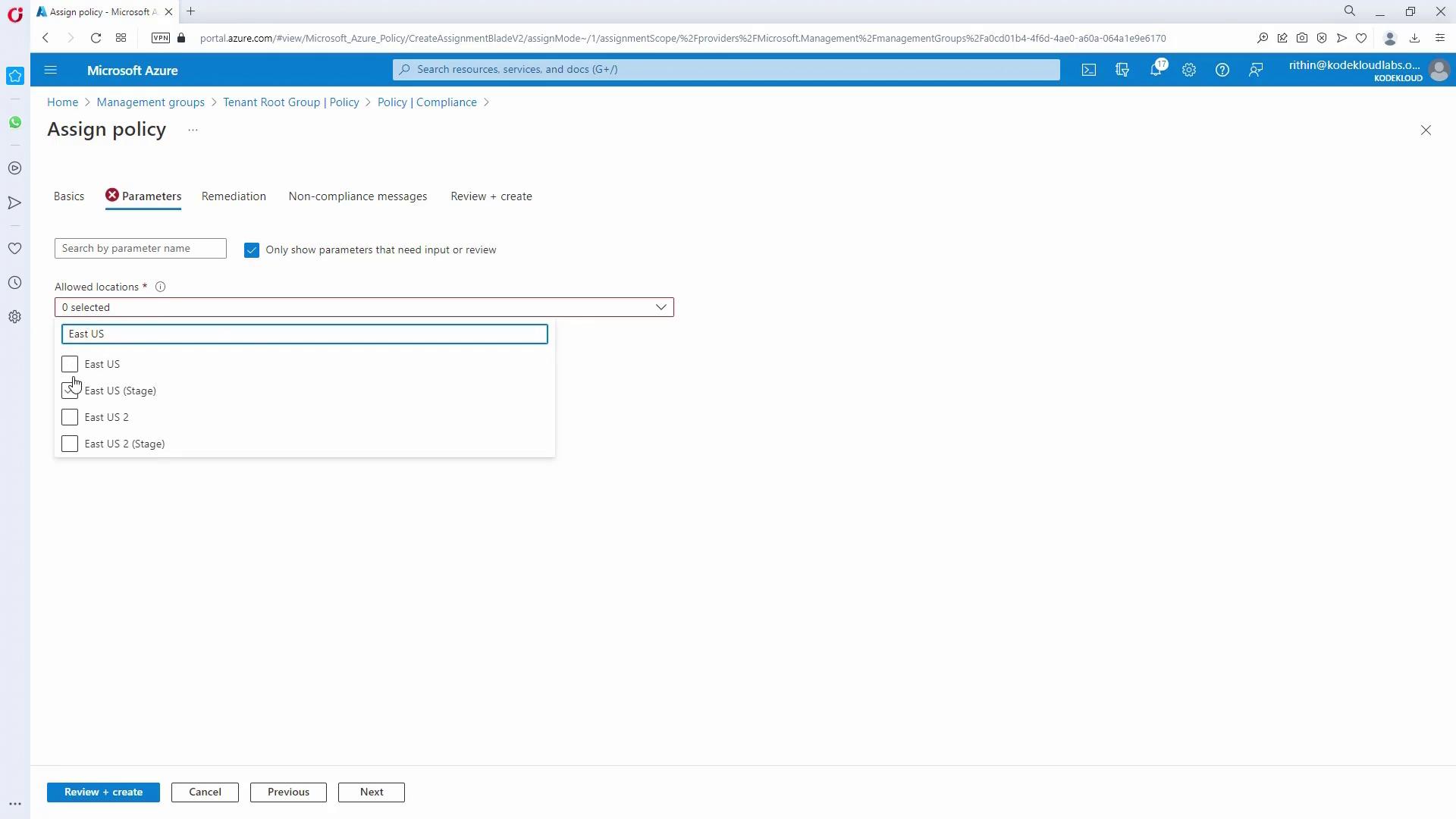 The image shows a Microsoft Azure portal interface where a policy is being assigned. The user is selecting allowed locations from a dropdown menu, with options like "East US" and "East US (Stage)."
