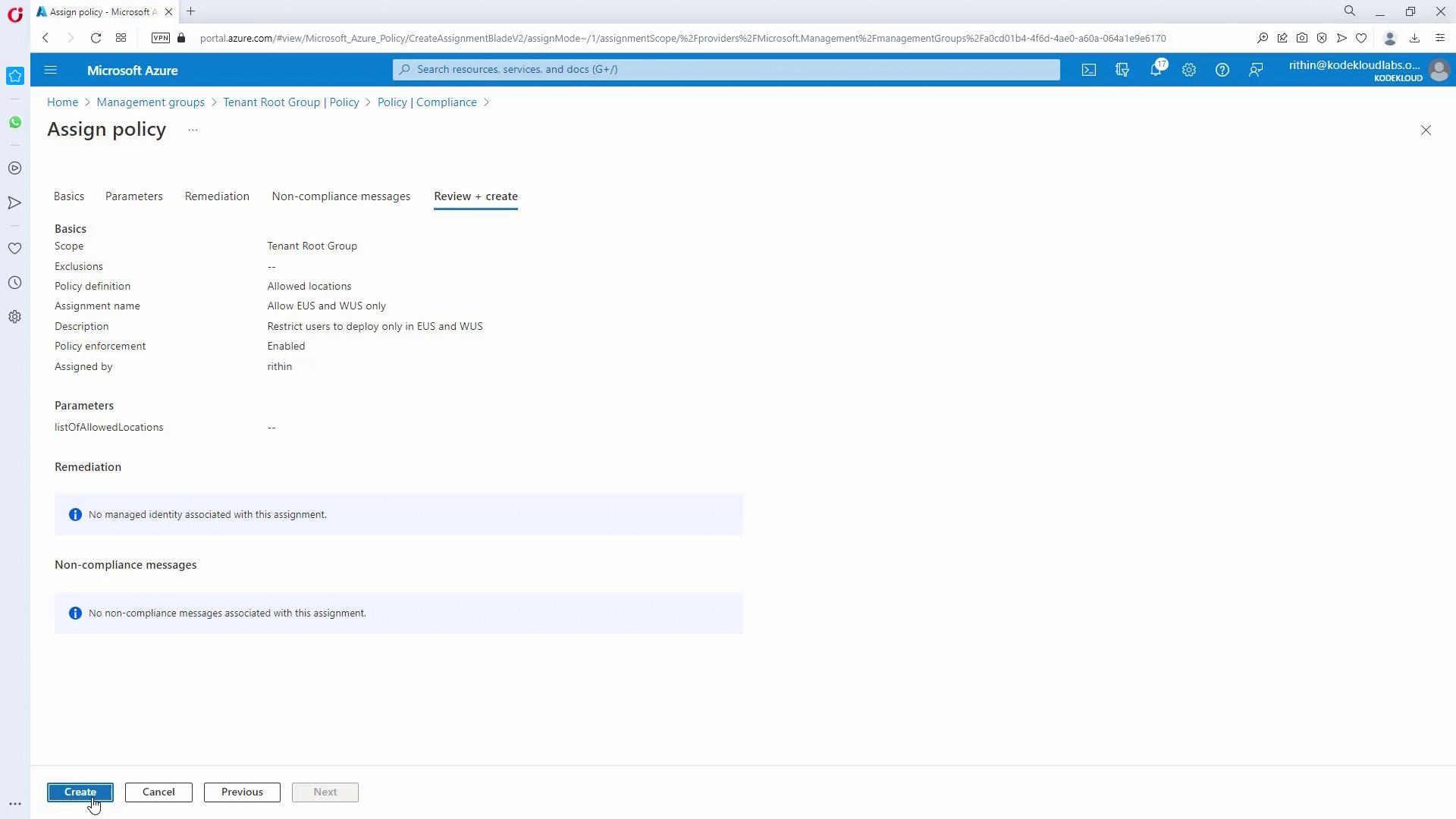 The image shows a Microsoft Azure portal page for assigning a policy, with details about scope, exclusions, and policy enforcement. The "Create" button is highlighted at the bottom.