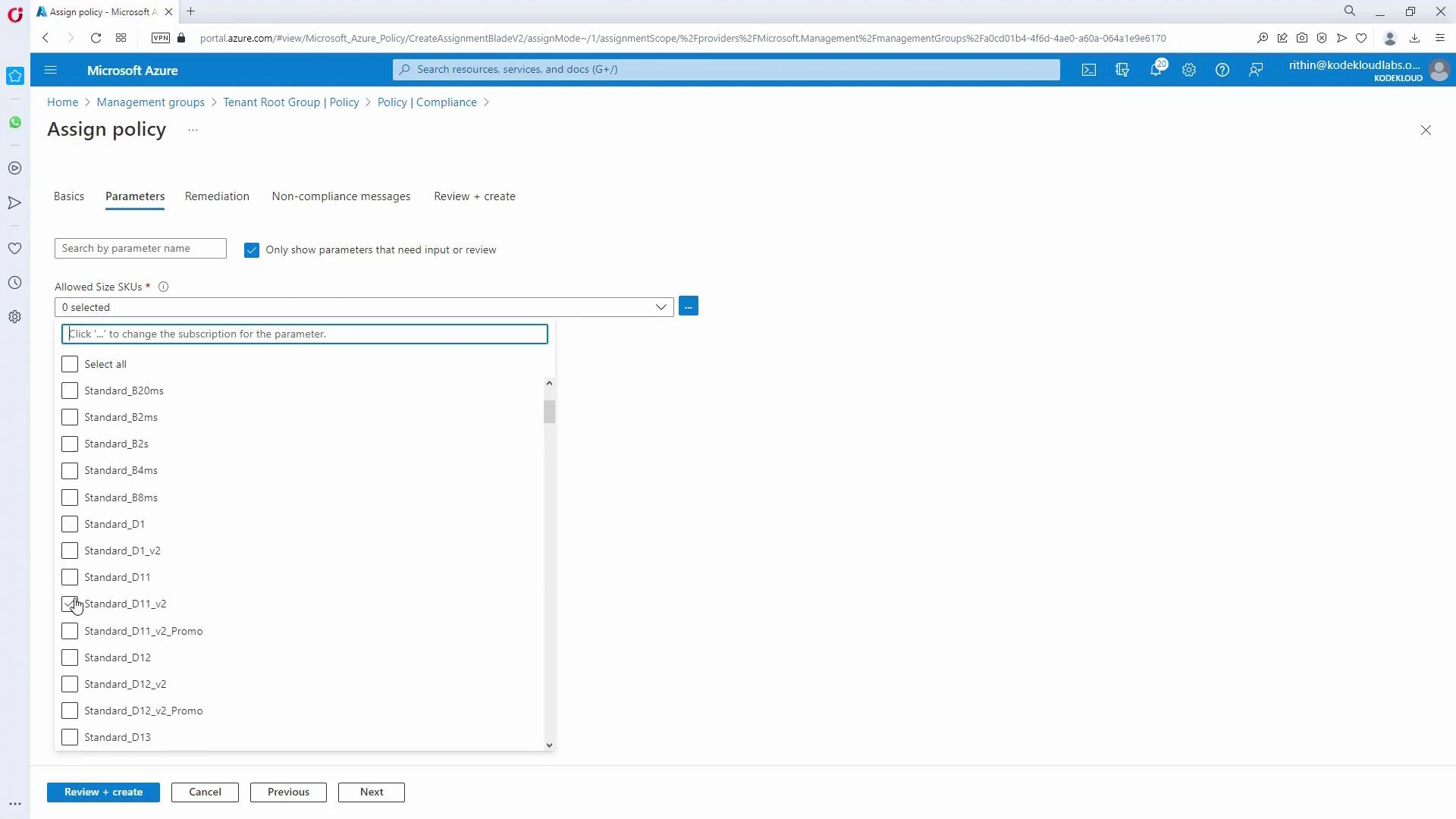 The image shows a Microsoft Azure portal interface for assigning a policy, specifically in the "Parameters" section, where various size SKUs can be selected.
