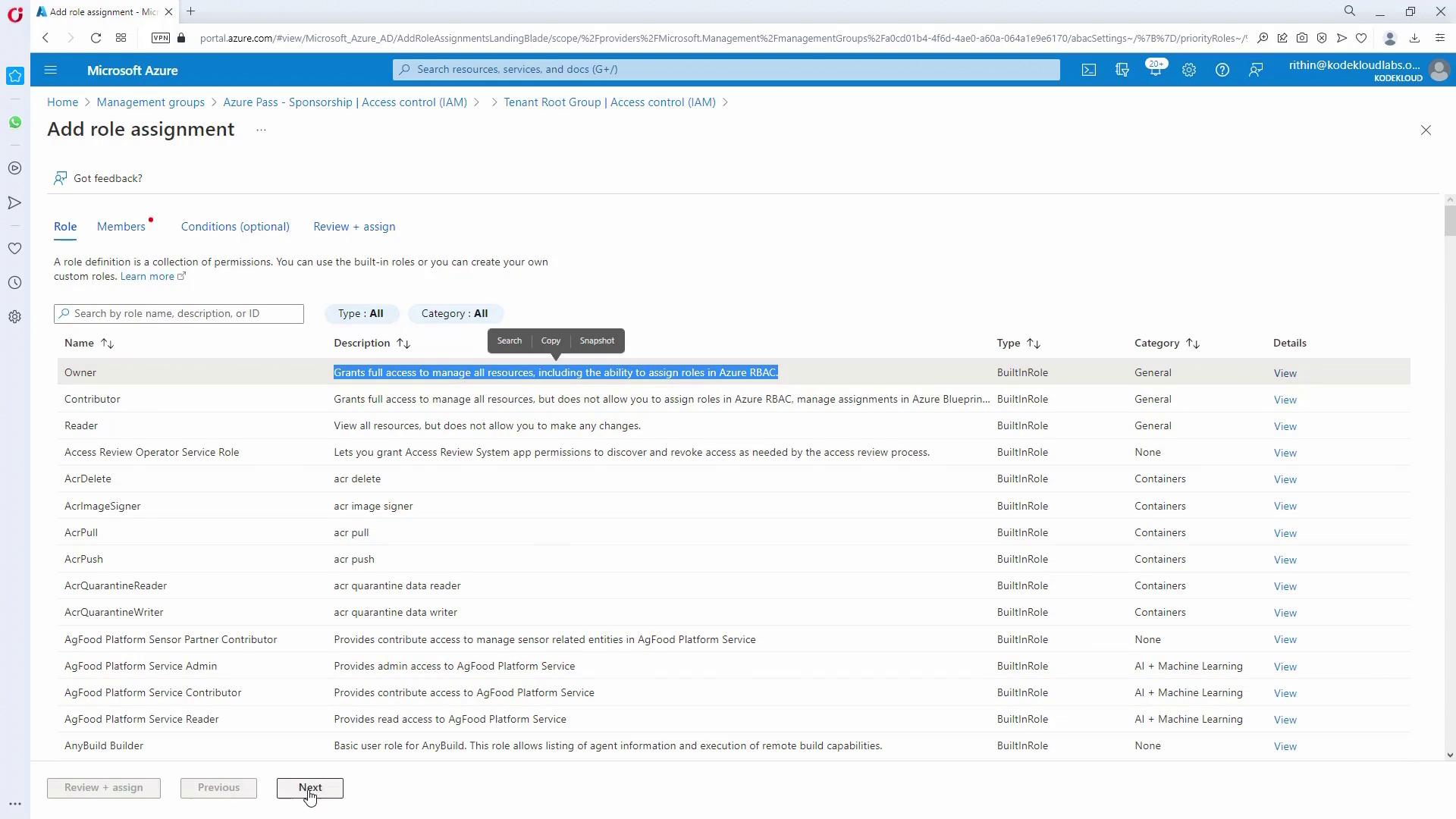 The image shows a Microsoft Azure portal interface for adding a role assignment, listing various roles with descriptions, types, and categories. The "Owner" role is highlighted, granting full access to manage all resources.