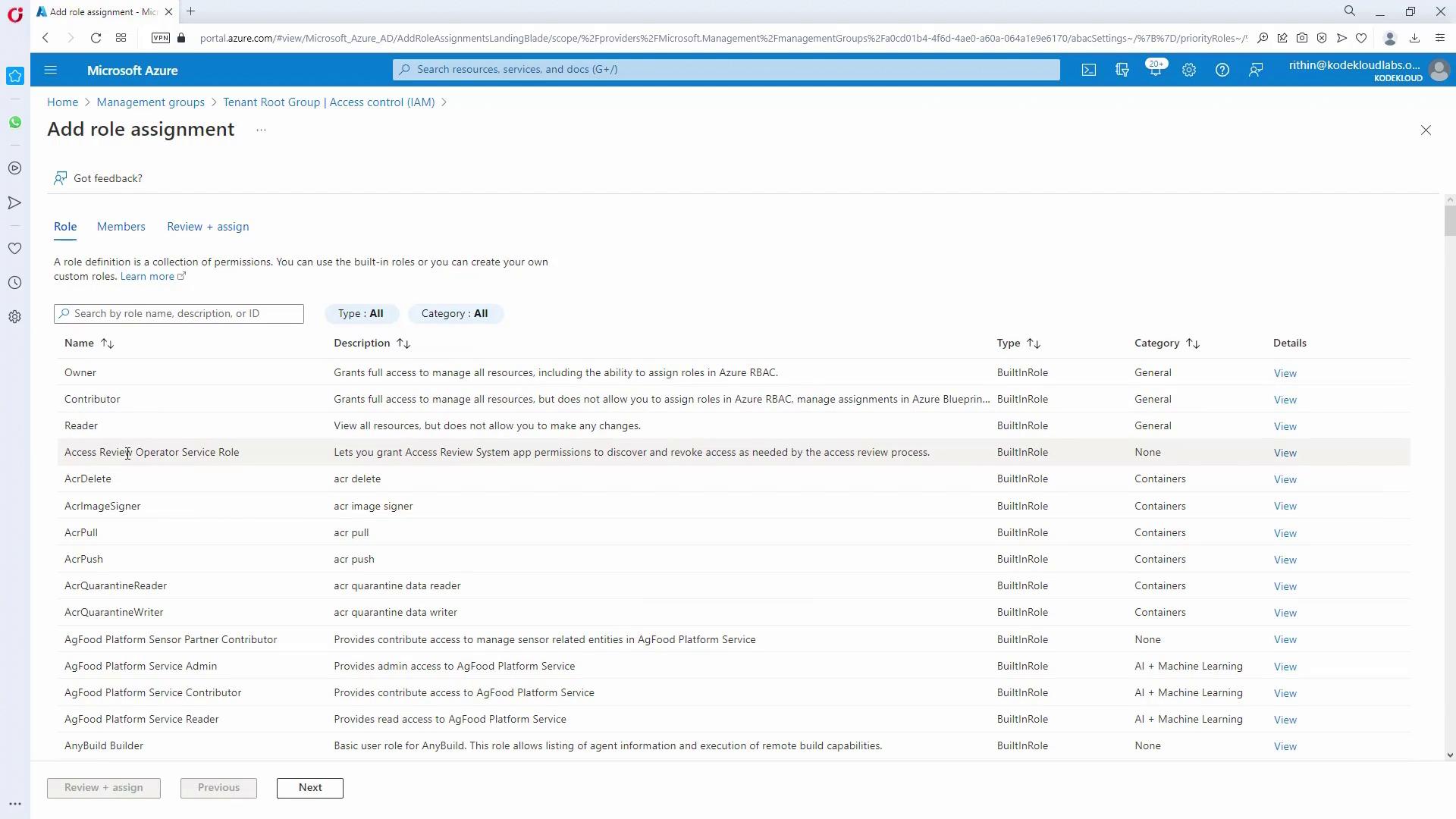 The image shows a Microsoft Azure portal interface for adding role assignments, listing various roles with their descriptions, types, and categories.