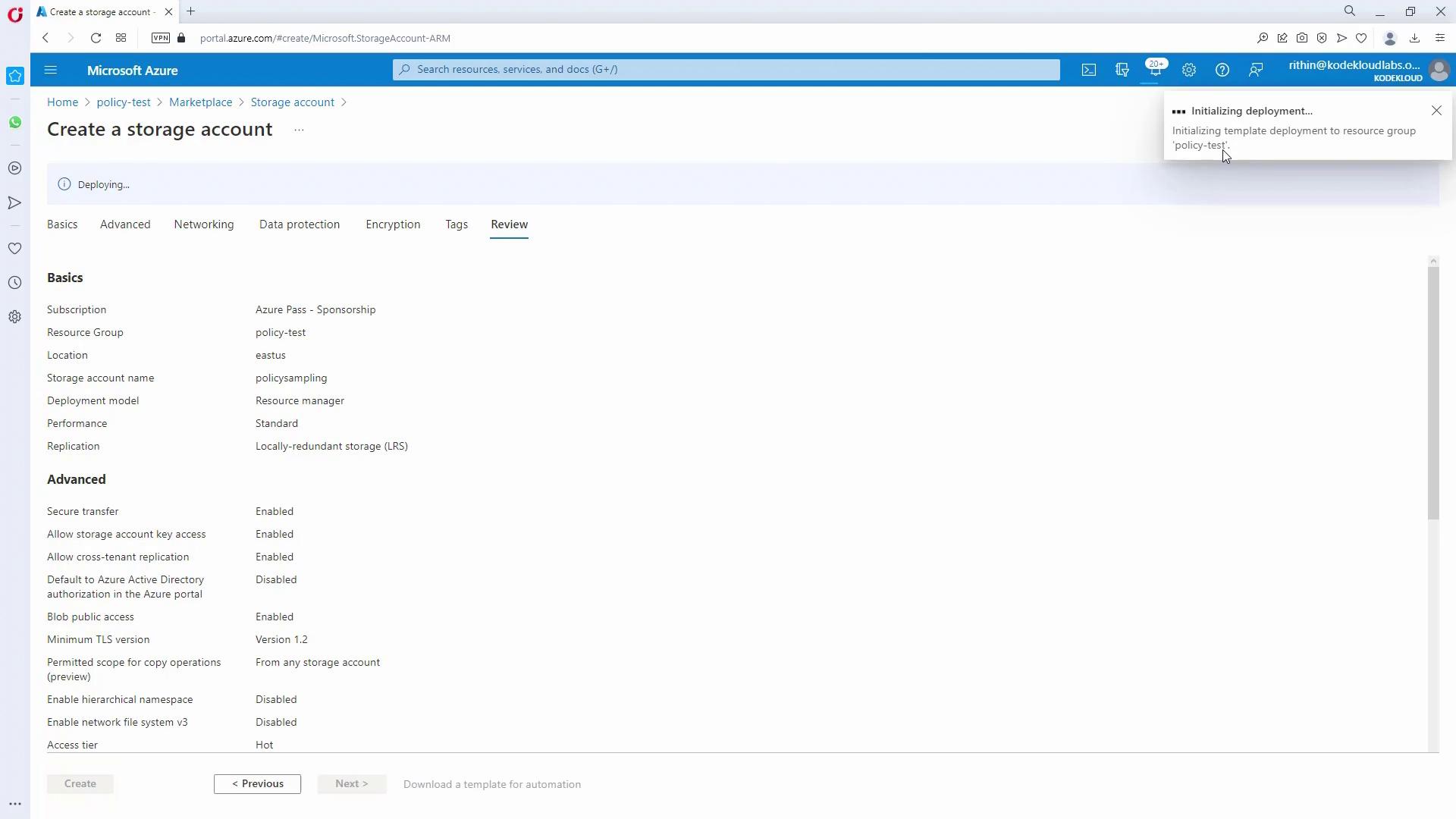 The image shows a Microsoft Azure portal page where a storage account is being created, displaying the review settings and deployment initialization.