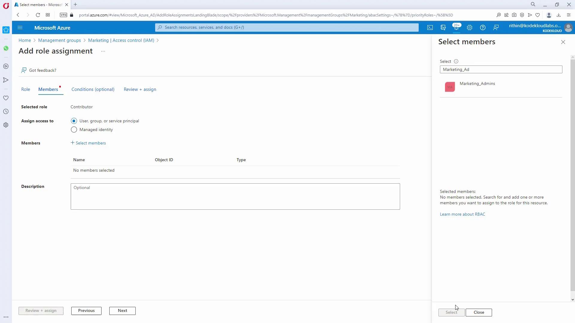 The image shows a Microsoft Azure interface for adding a role assignment, with options to select members and assign access to a user, group, or service principal. The "Select members" panel is open on the right side.