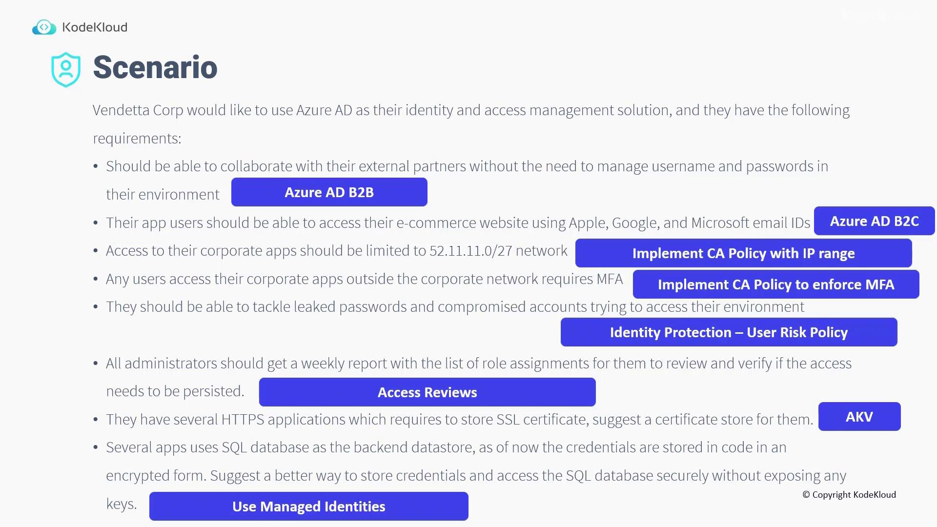 The image is a scenario description from KodeKloud about Vendetta Corp's requirements for using Azure AD as their identity and access management solution, with specific tasks highlighted in blue boxes.