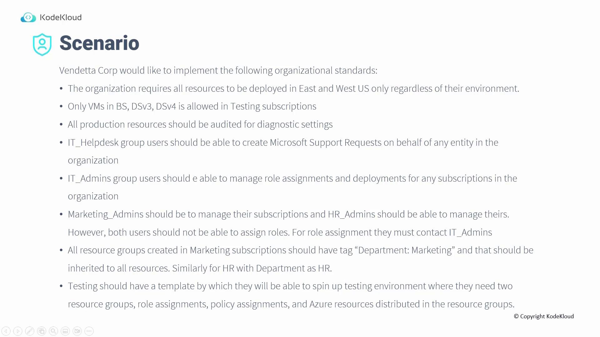 The image outlines organizational standards for Vendetta Corp, detailing resource deployment, auditing, role management, and subscription management requirements. It specifies permissions for IT, Marketing, and HR groups, and includes guidelines for testing environments.