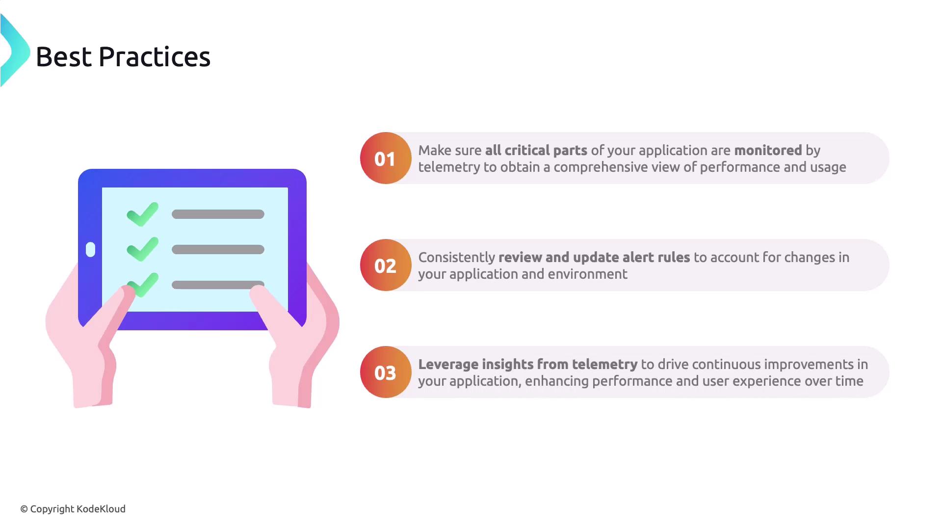The image outlines three best practices for application monitoring: ensuring all critical parts are monitored, consistently updating alert rules, and leveraging telemetry insights for continuous improvement.