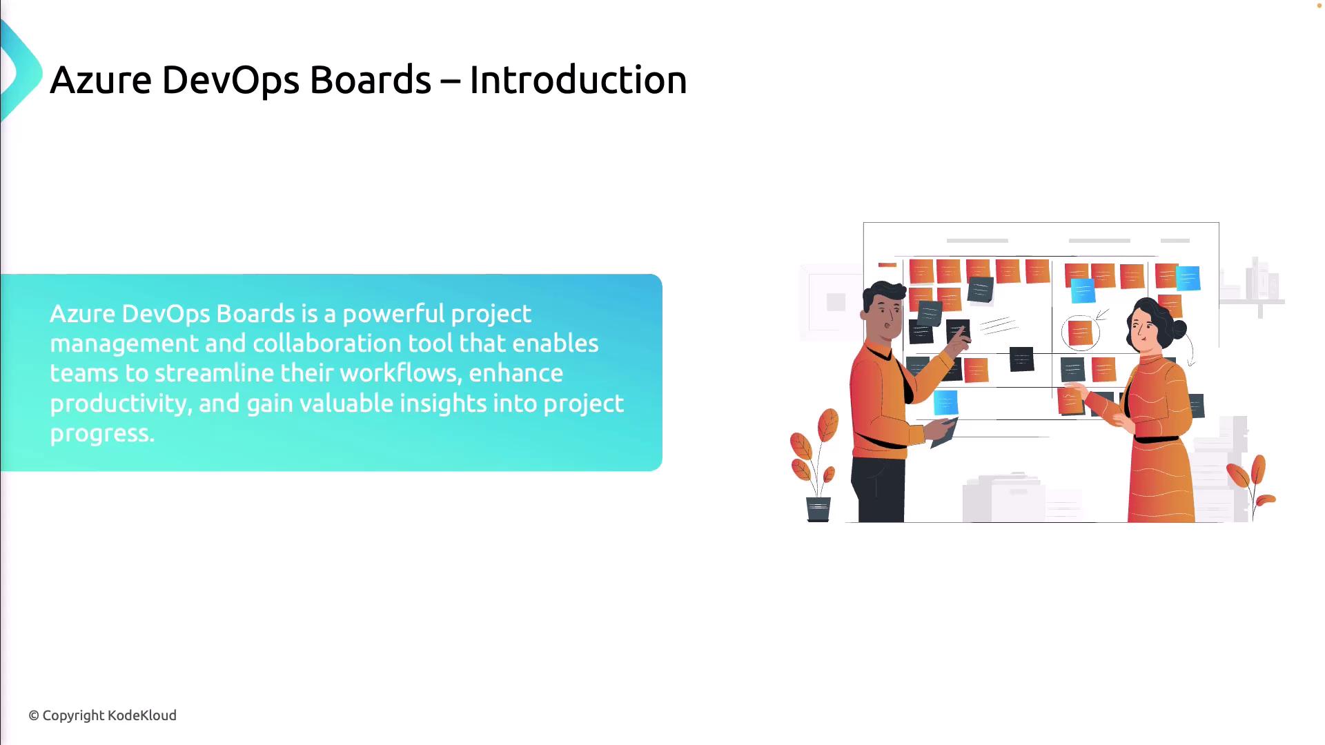 The image introduces Azure DevOps Boards as a project management tool, featuring an illustration of two people collaborating in front of a board with sticky notes.