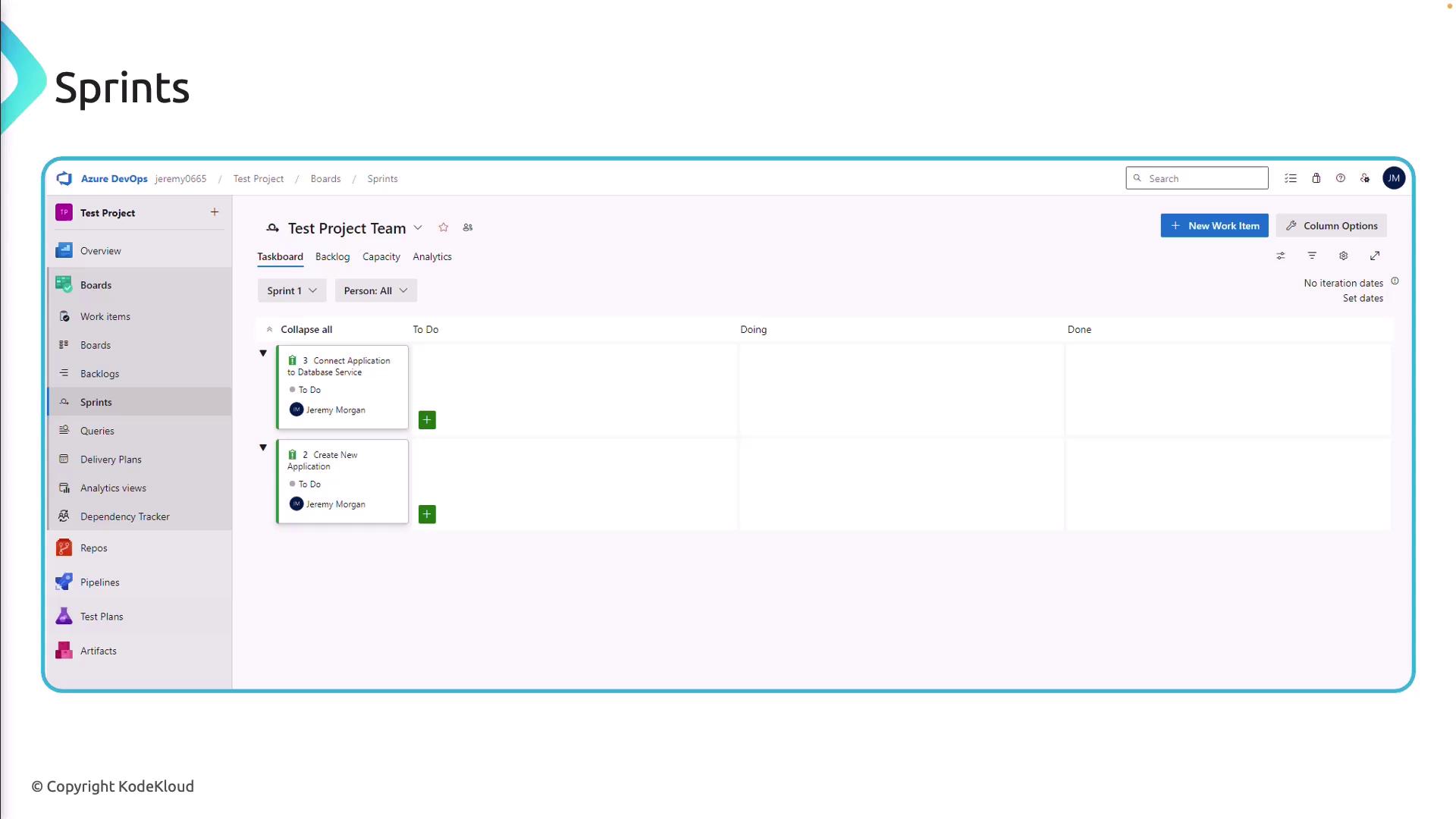 The image shows a screenshot of a project management tool, specifically the "Sprints" section in Azure DevOps, displaying tasks in a "To Do" column for a test project team. The interface includes options for backlog, capacity, and analytics, with tasks assigned to a user.