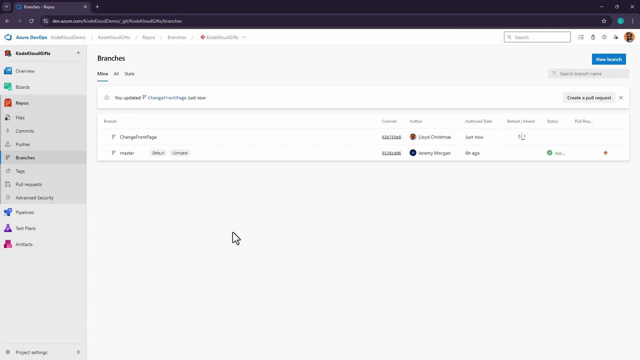 The image shows a screenshot of the Azure DevOps interface displaying the branches of a repository named "KodeKloudGifts." It lists two branches, "ChangeFrontPage" and "master," along with details like commit IDs, authors, and status.